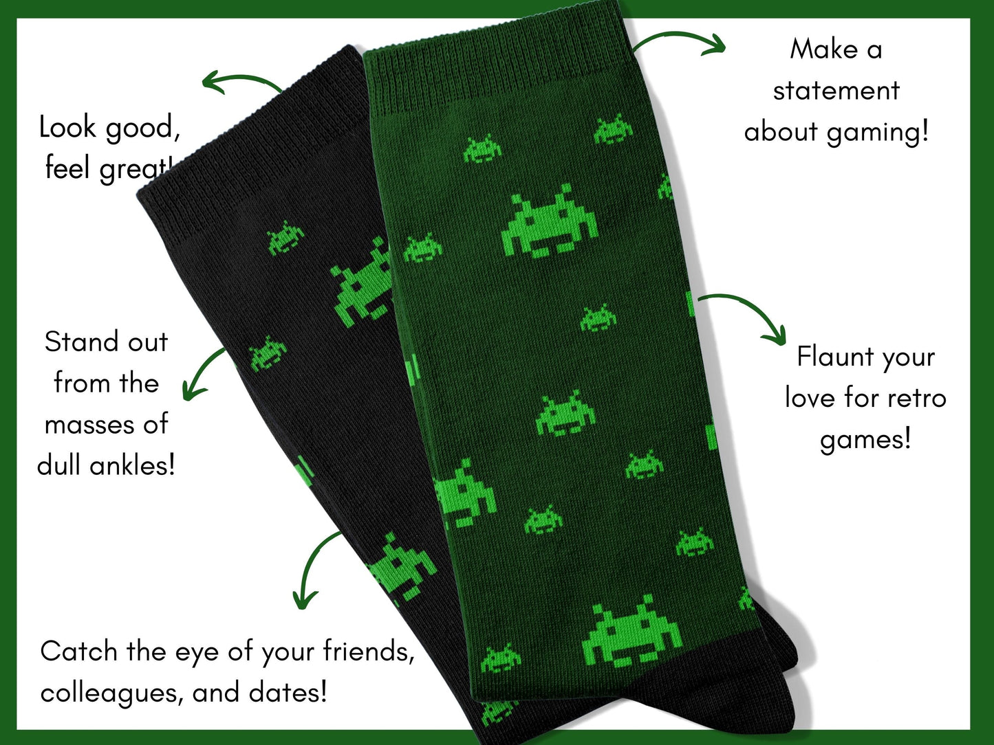 80s Gamer Socks - Alien Retro Gaming Socks - flatlay-benefits