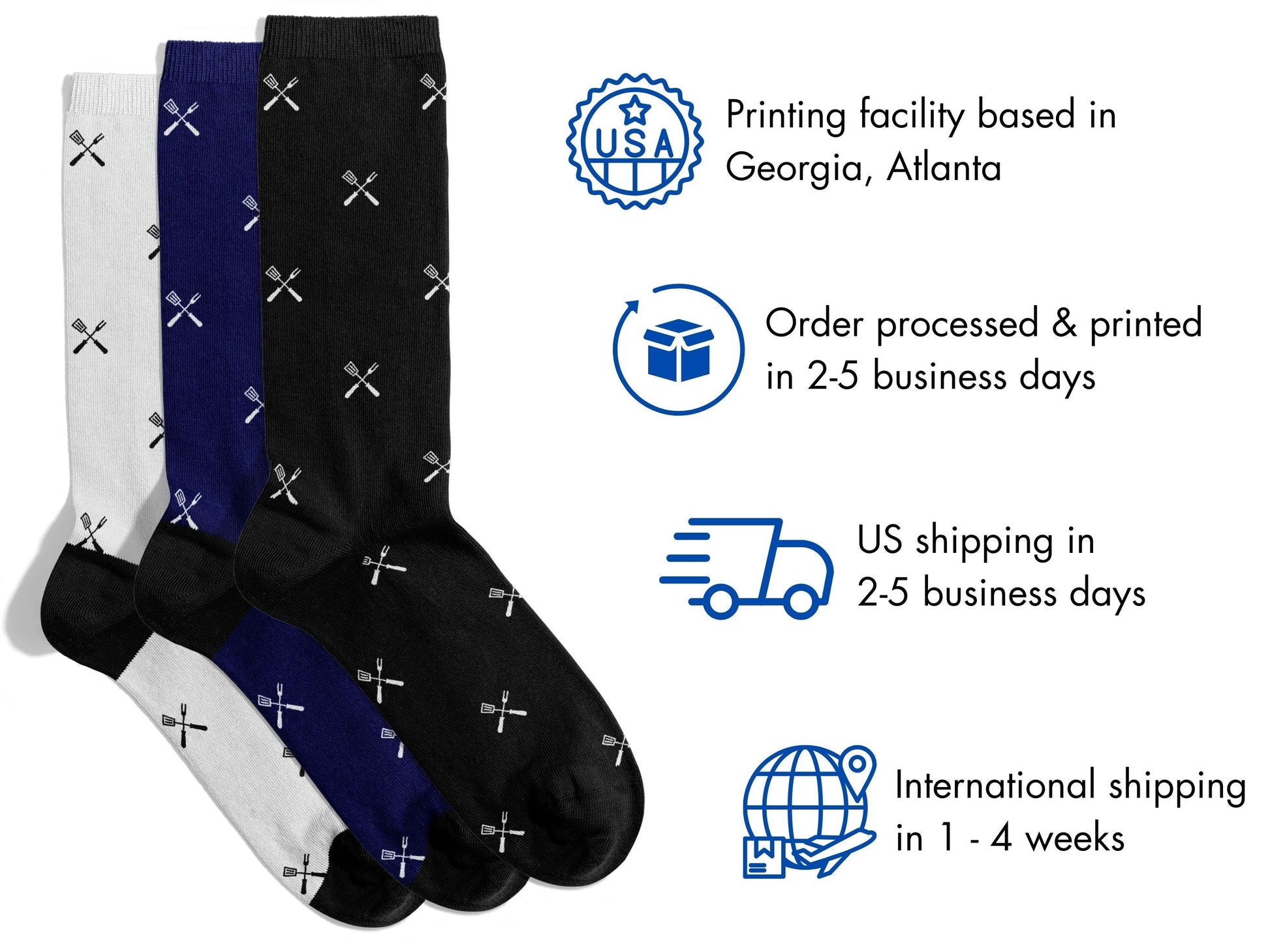 BBQ Grill Master Socks – Father’s Day Novelty Crew flat lay of socks with shipping details overlay