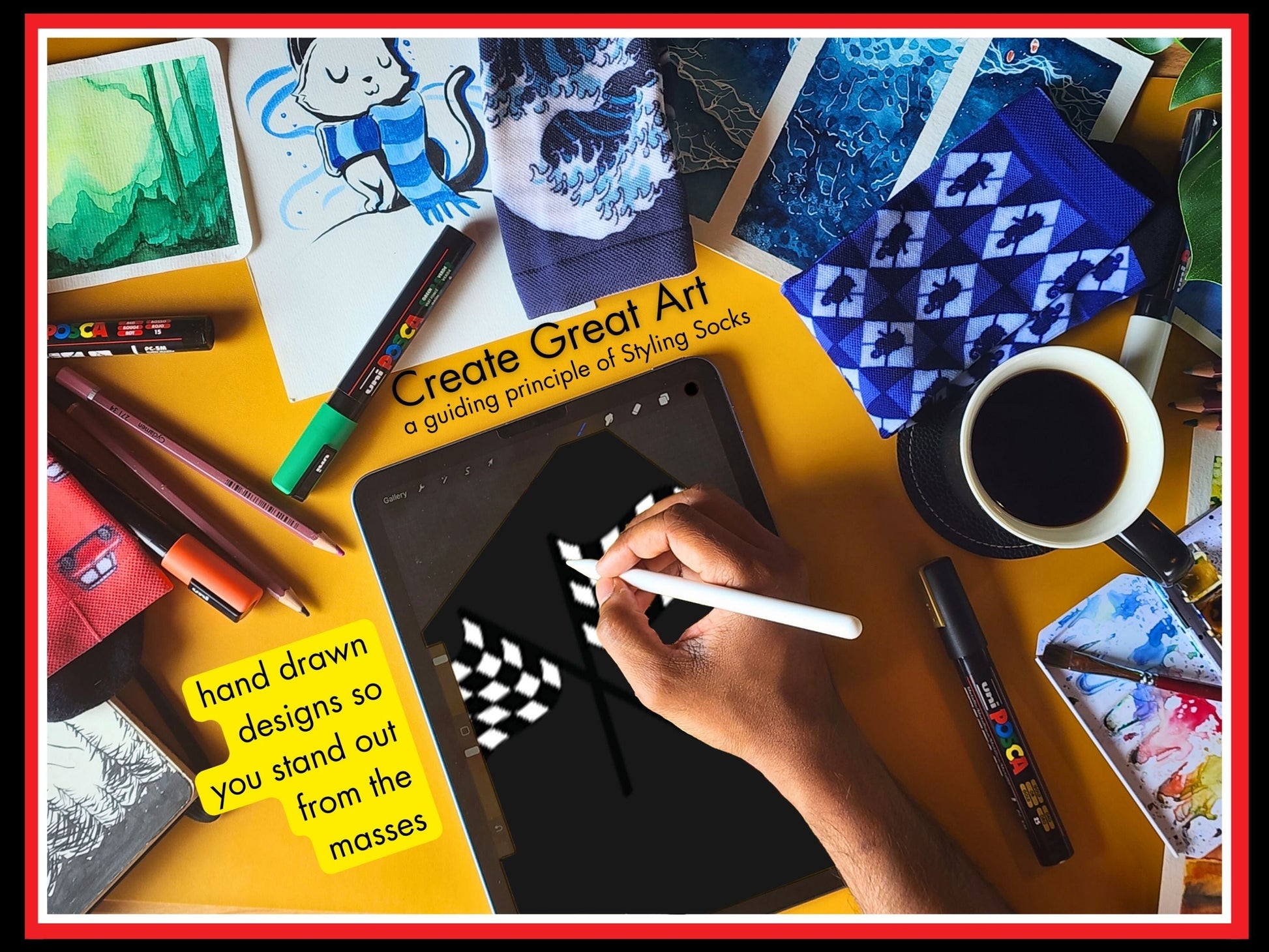 Black Checkered Flag Racing Socks – Men’s Novelty Crew artist hand drawing the sock design on a tablet