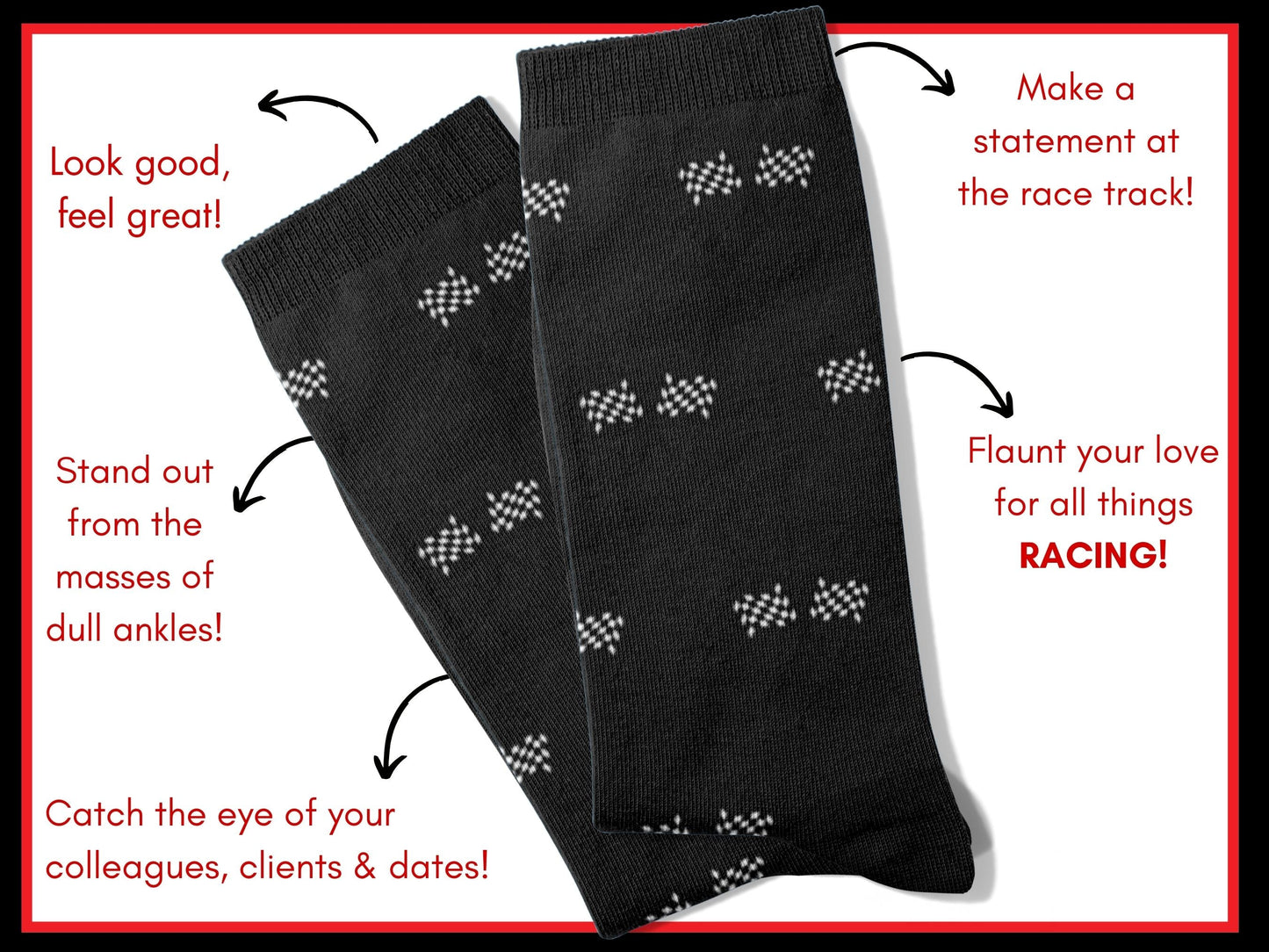 Black Checkered Flag Racing Socks – Men’s Novelty Crew flat lay of socks with benefits highlighted