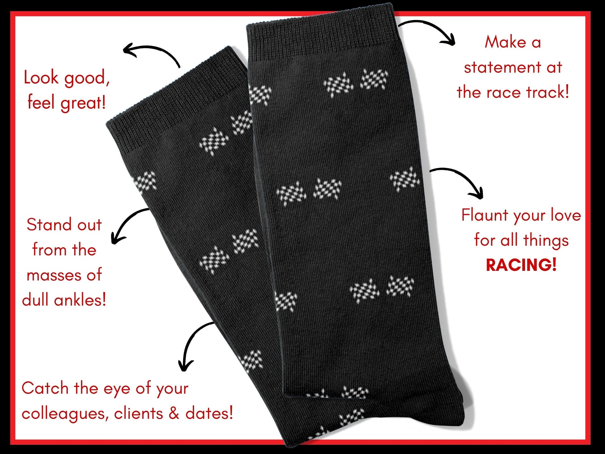 Black Checkered Flag Racing Socks – Men’s Novelty Crew flat lay of socks with benefits highlighted