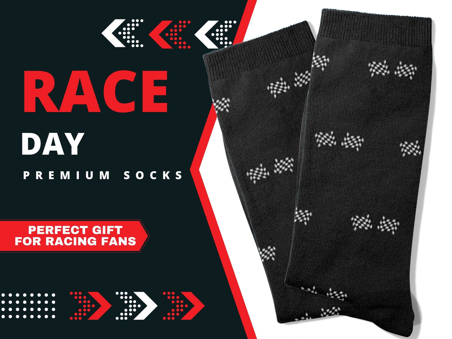 Black Checkered Flag Racing Socks – Men’s Novelty Crew flatlay with Text" Perfect Gift for Racing Fans"