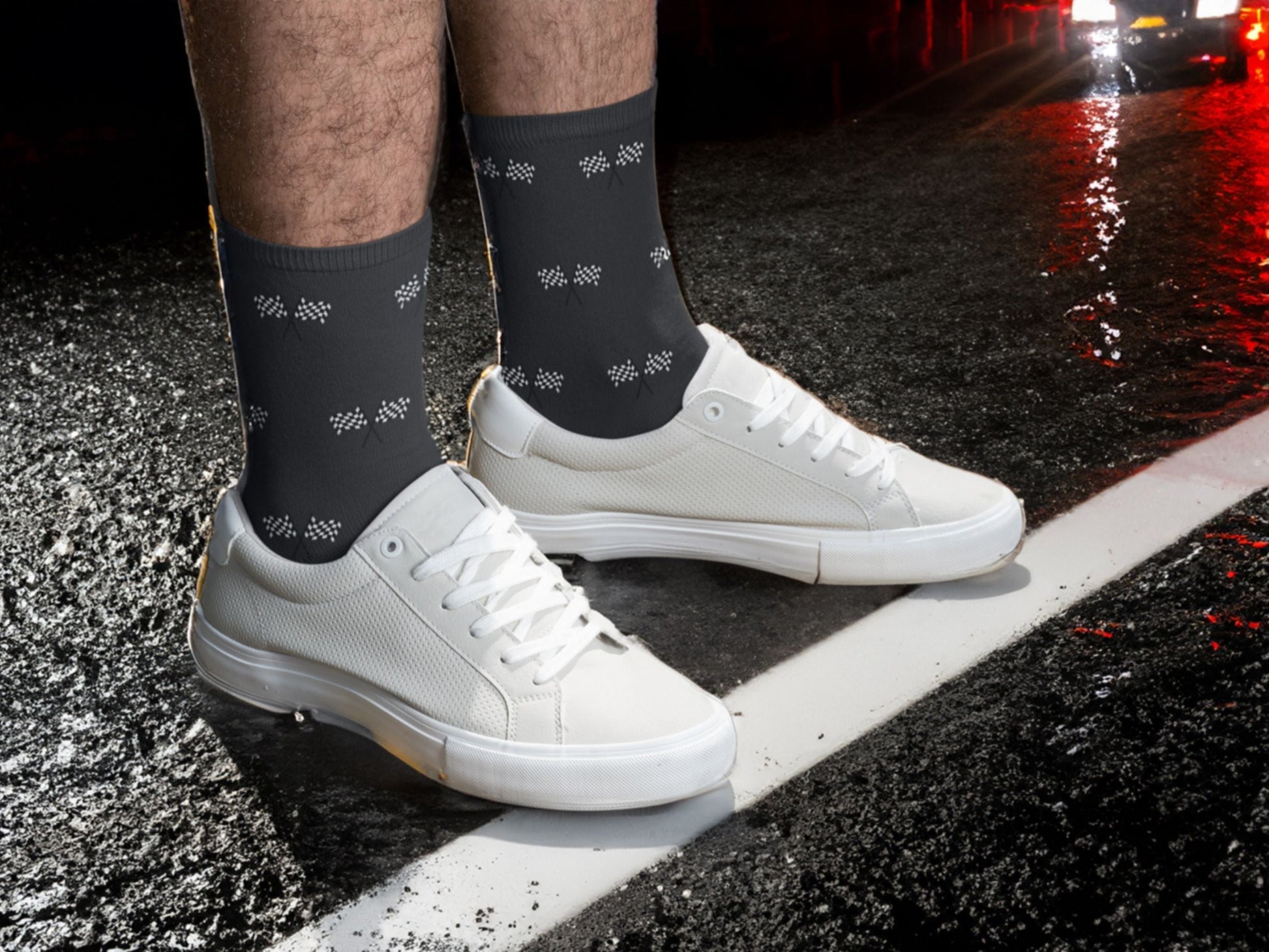 Black Checkered Flag Racing Socks – Men’s Novelty Crew lifestyle vibe shot in a real-life setting