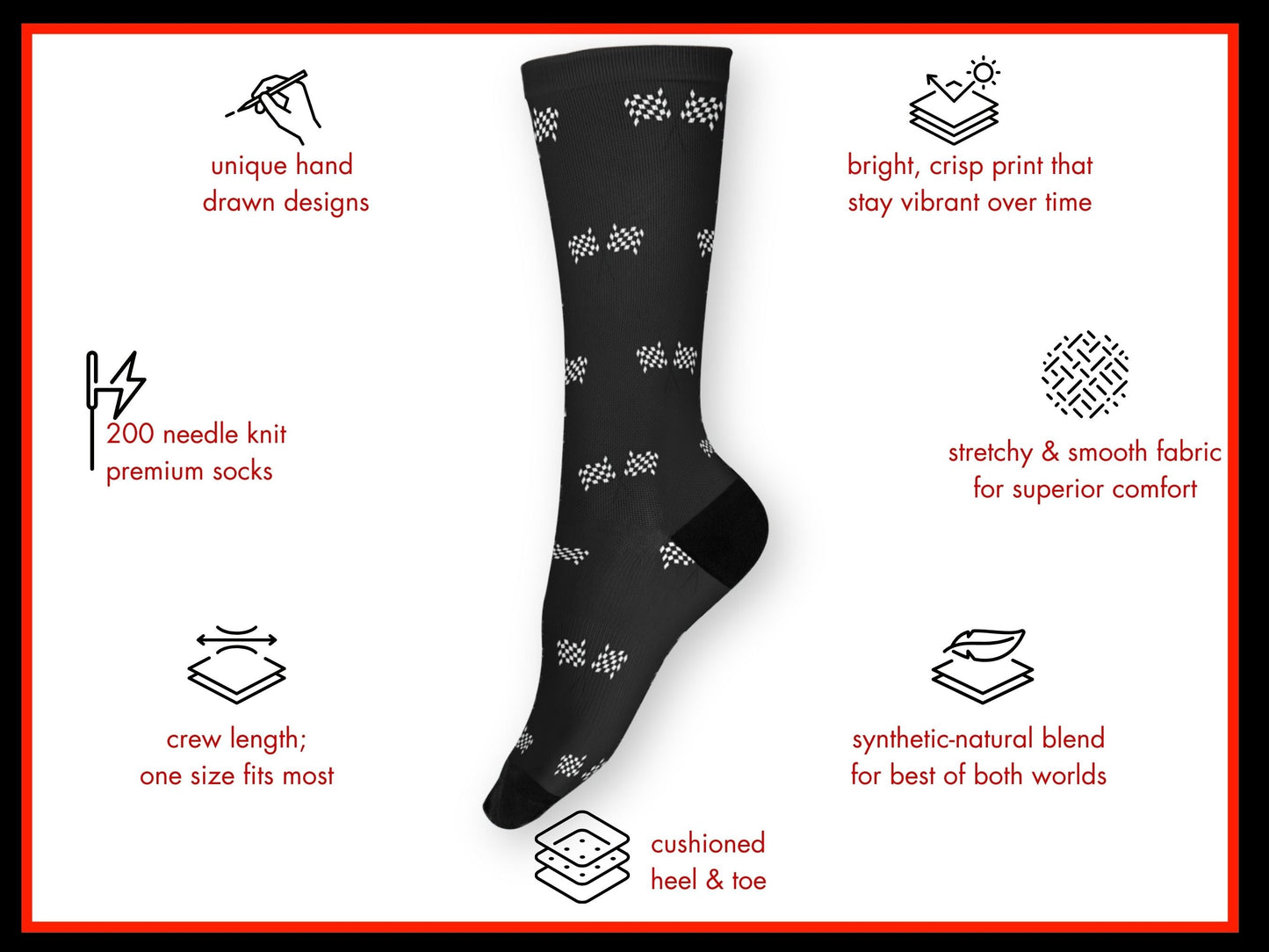 Black Checkered Flag Racing Socks – Men’s Novelty Crew floating mockup with features highlighted