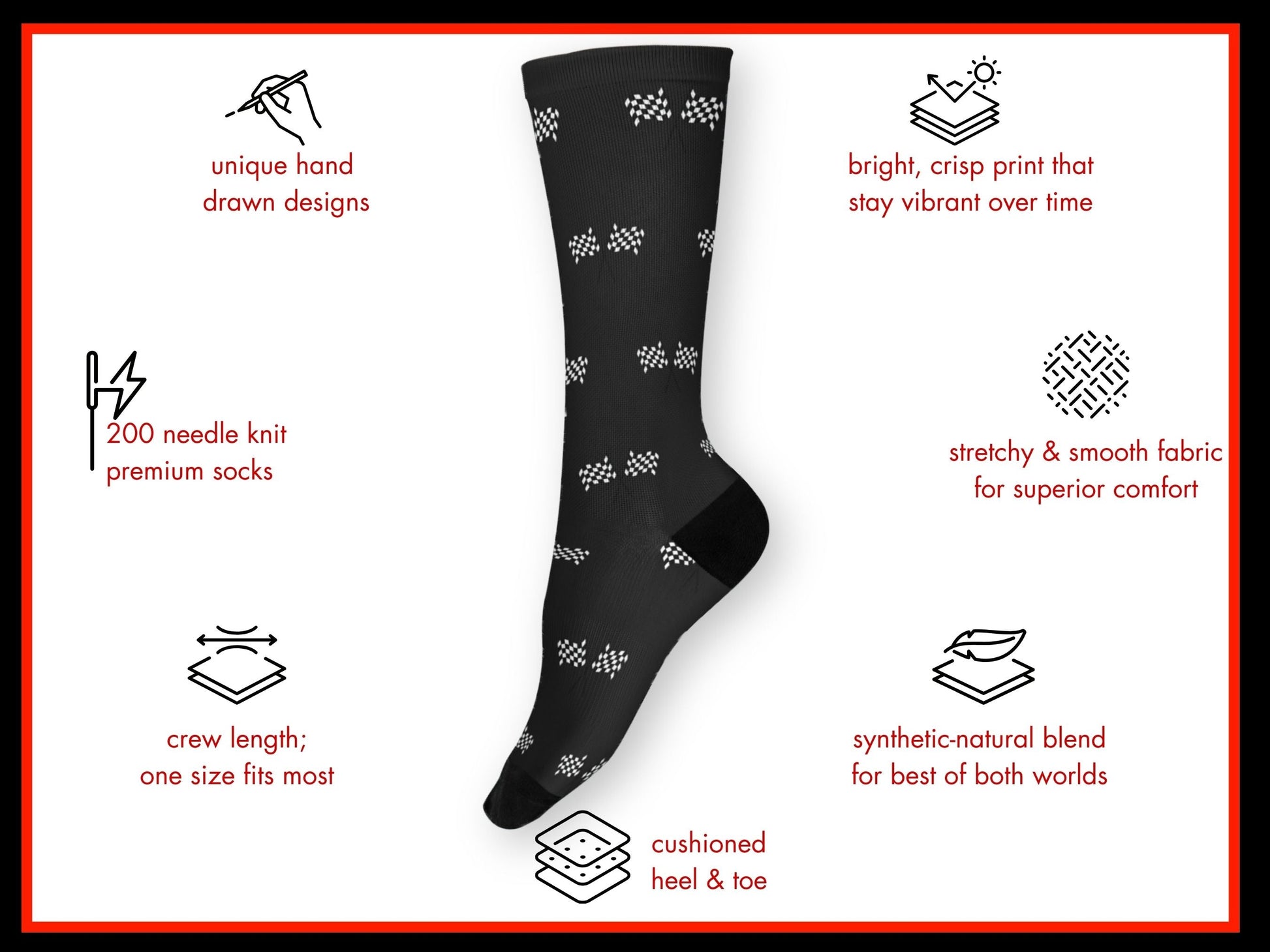 Black Checkered Flag Racing Socks – Men’s Novelty Crew floating mockup with features highlighted