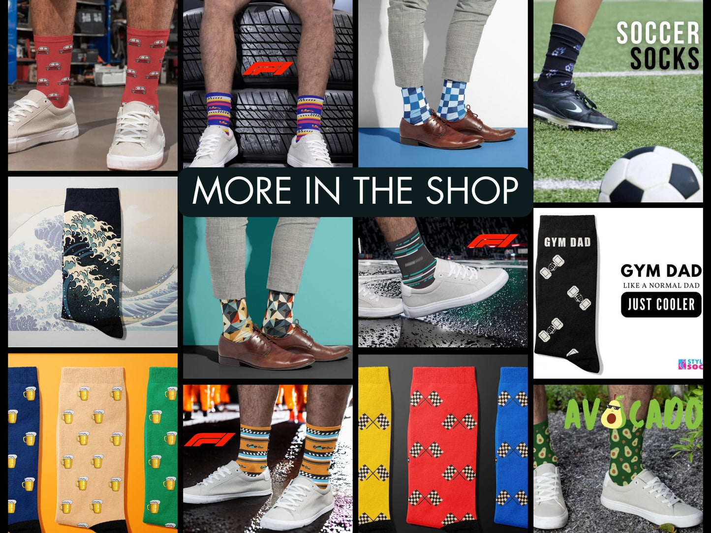 Black Checkered Flag Racing Socks – Men’s Novelty Crew collage of multiple colourful Styling Socks designs