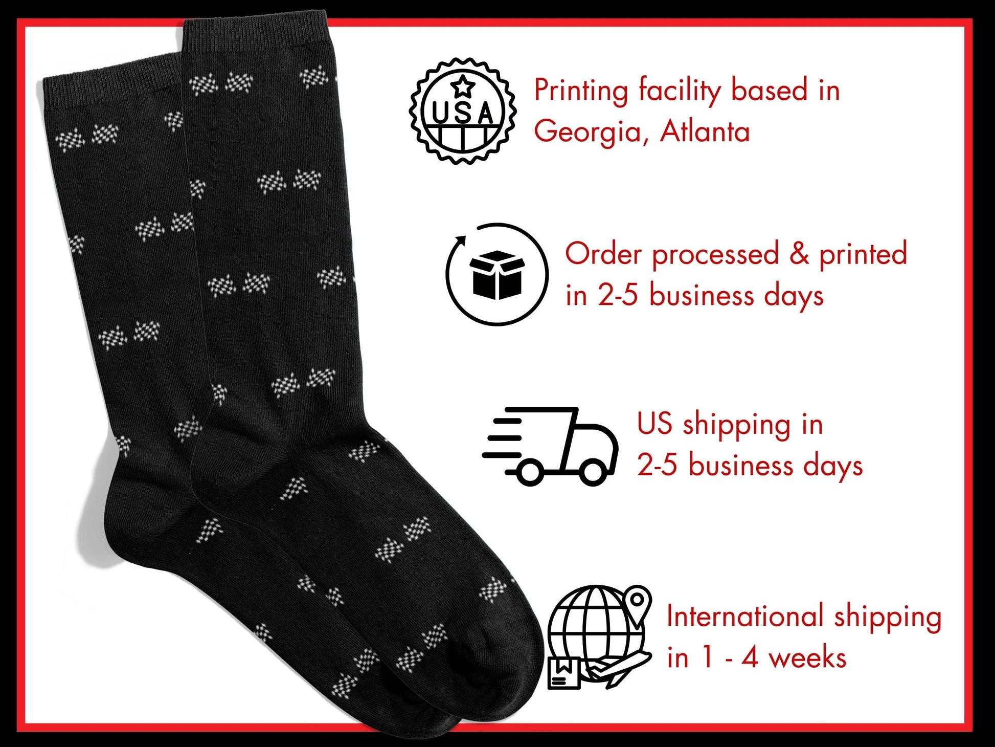Black Checkered Flag Racing Socks – Men’s Novelty Crew flat lay of socks with shipping details overlay