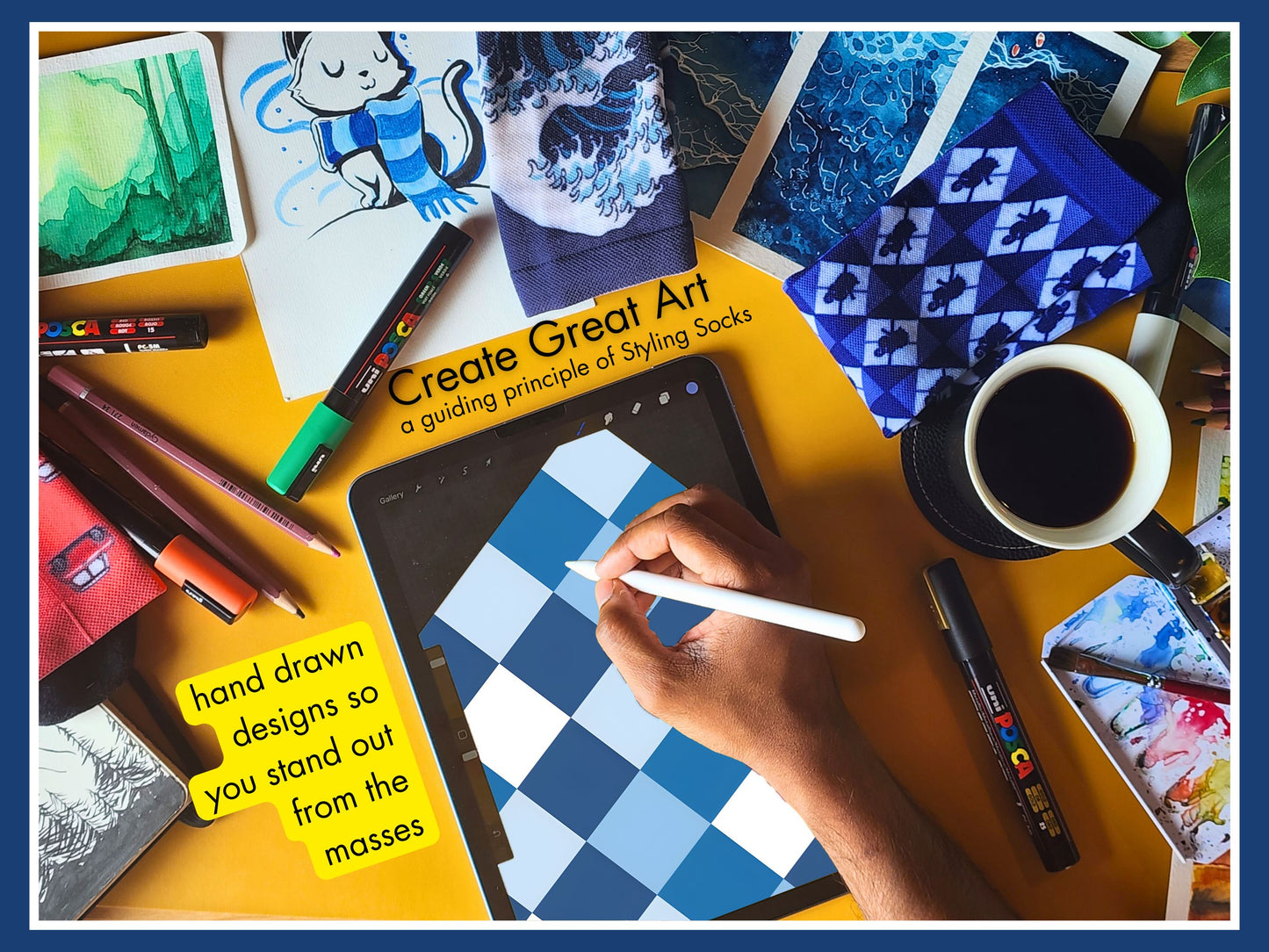 Blue Checkerboard Socks artist hand drawing the sock design on a tablet