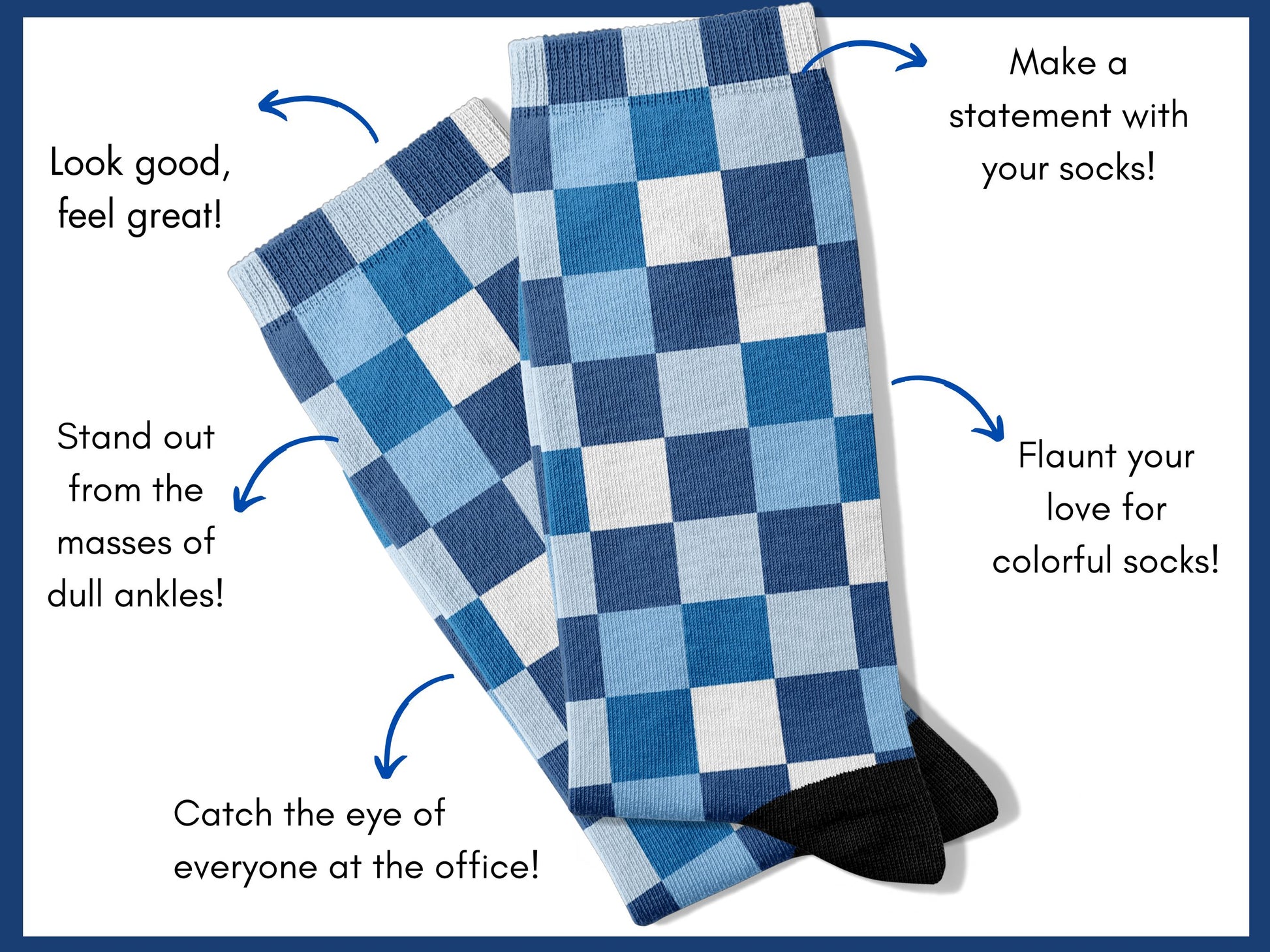 Blue Checkerboard Socks flat lay of socks with benefits highlighted
