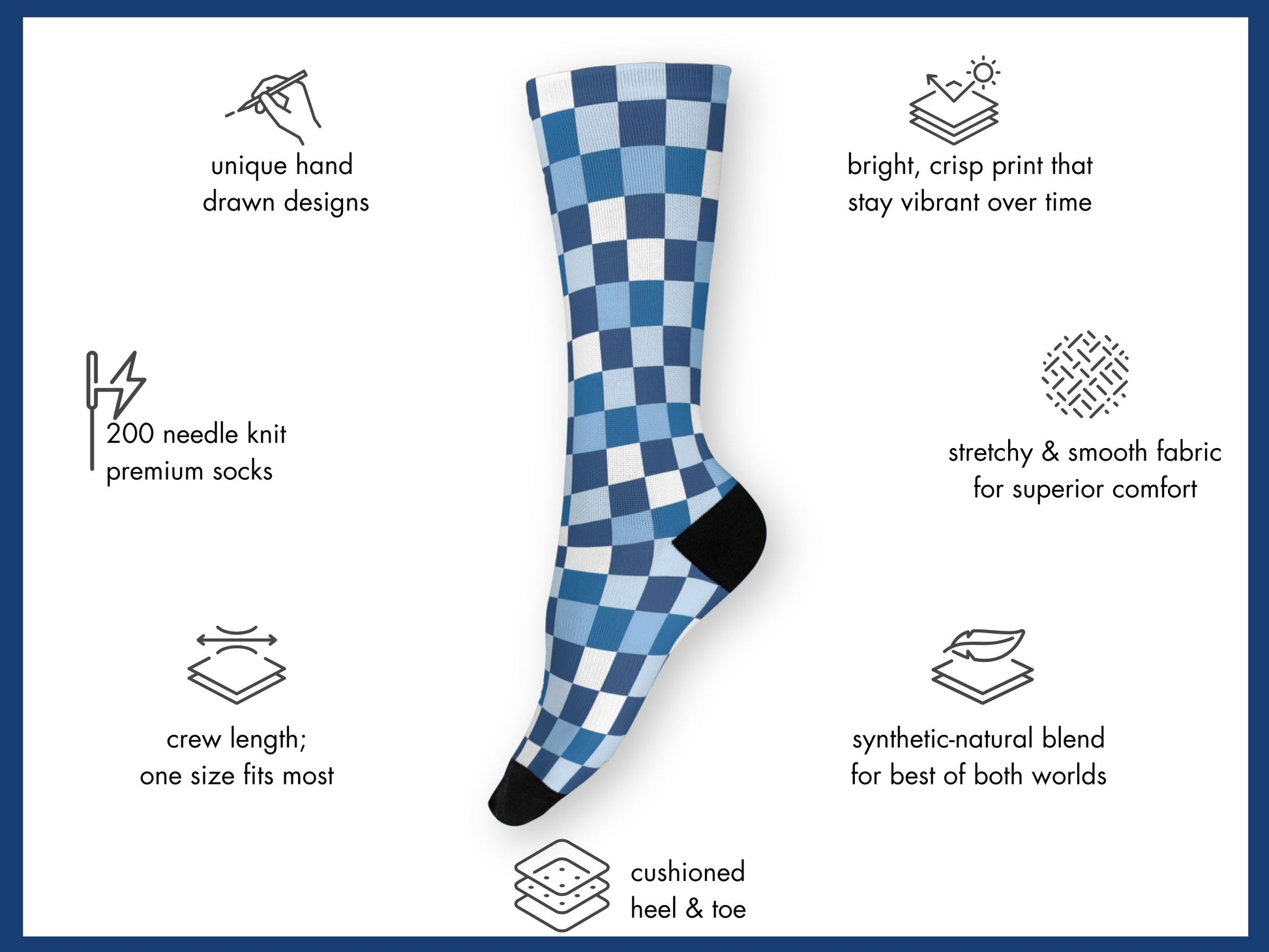 Blue Checkerboard Socks floating mockup with features highlighted