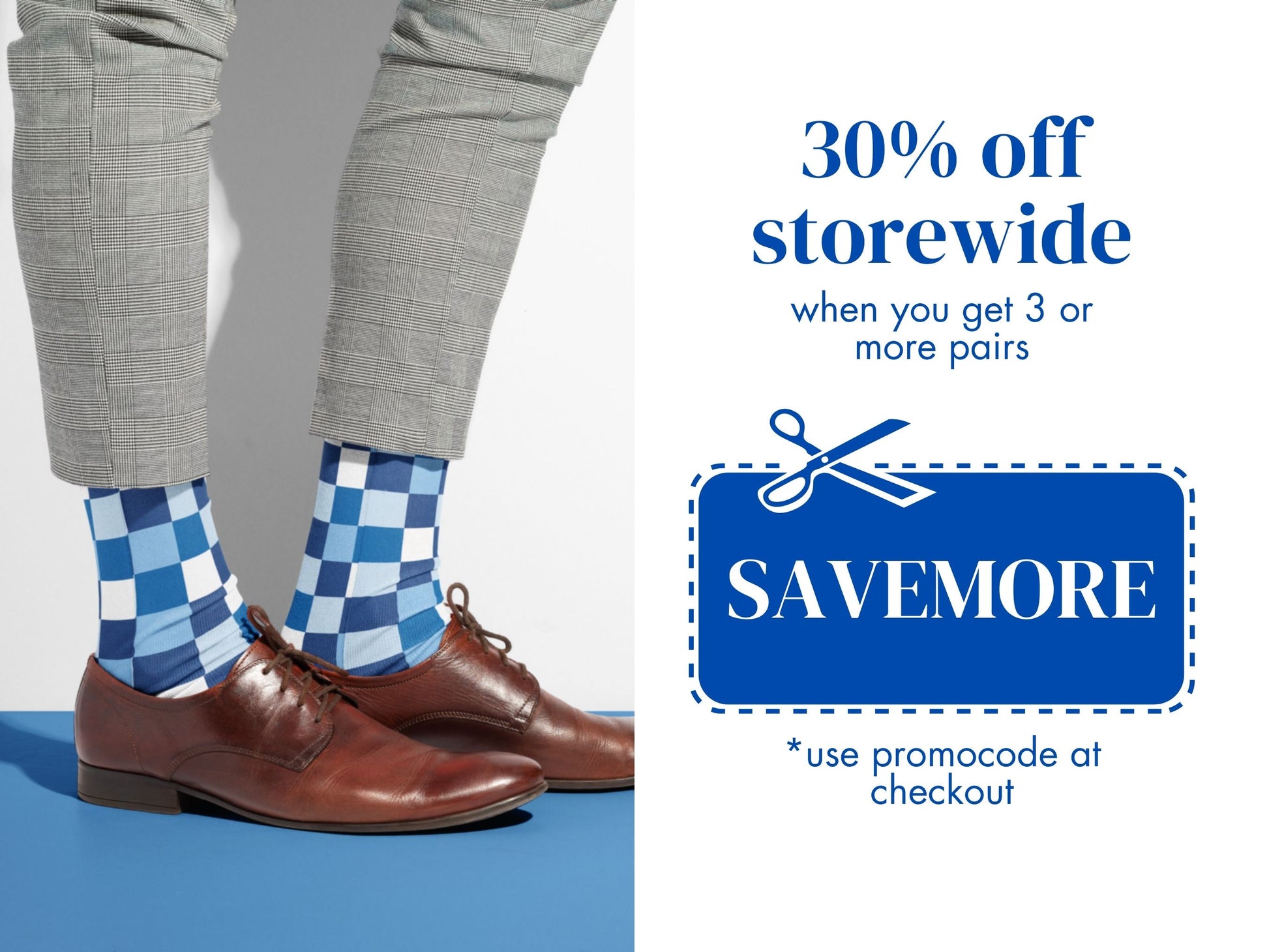 Blue Checkerboard Socks promo code offer with socks as background
