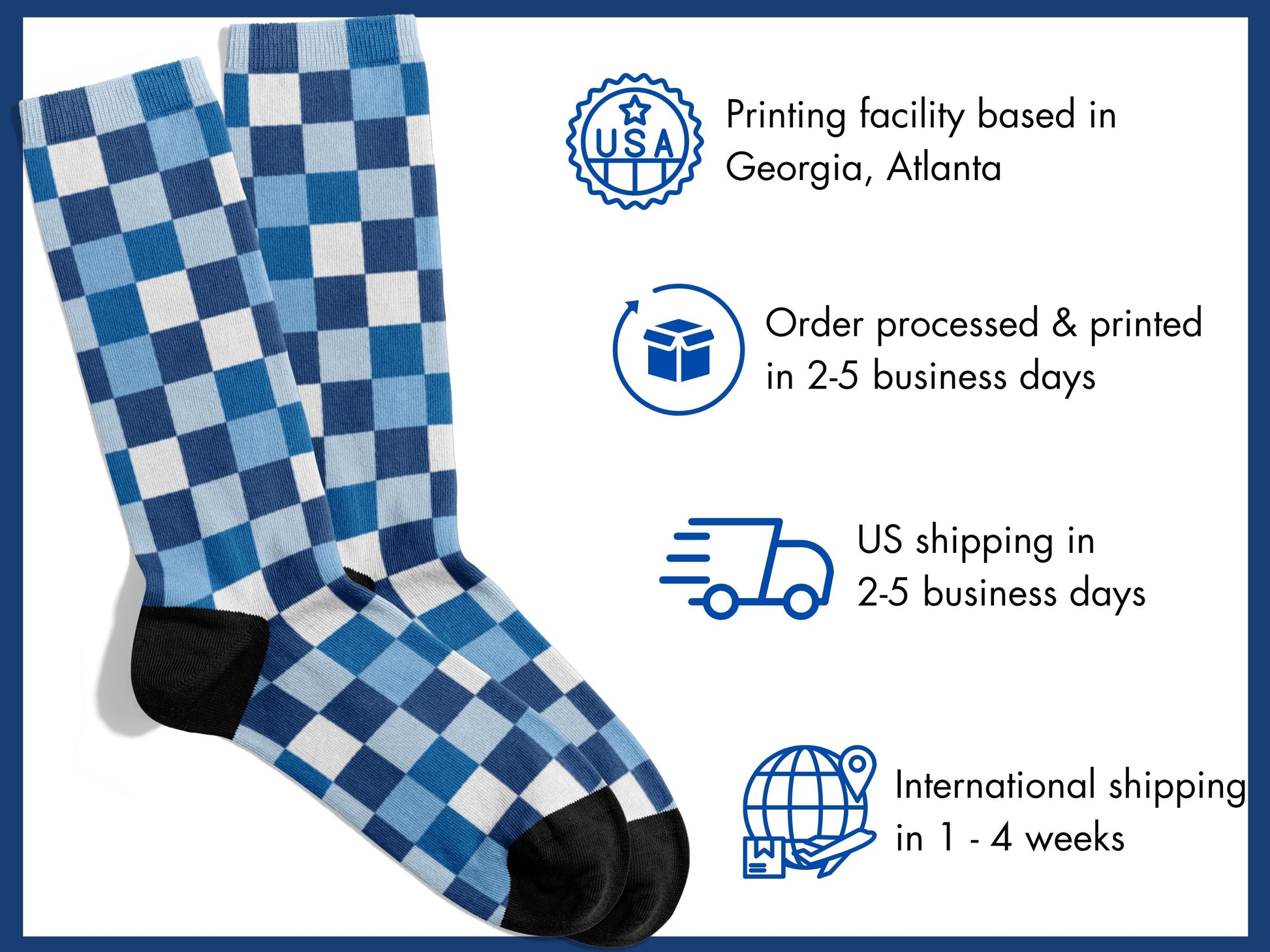 Blue Checkerboard Socks flat lay of socks with shipping details overlay