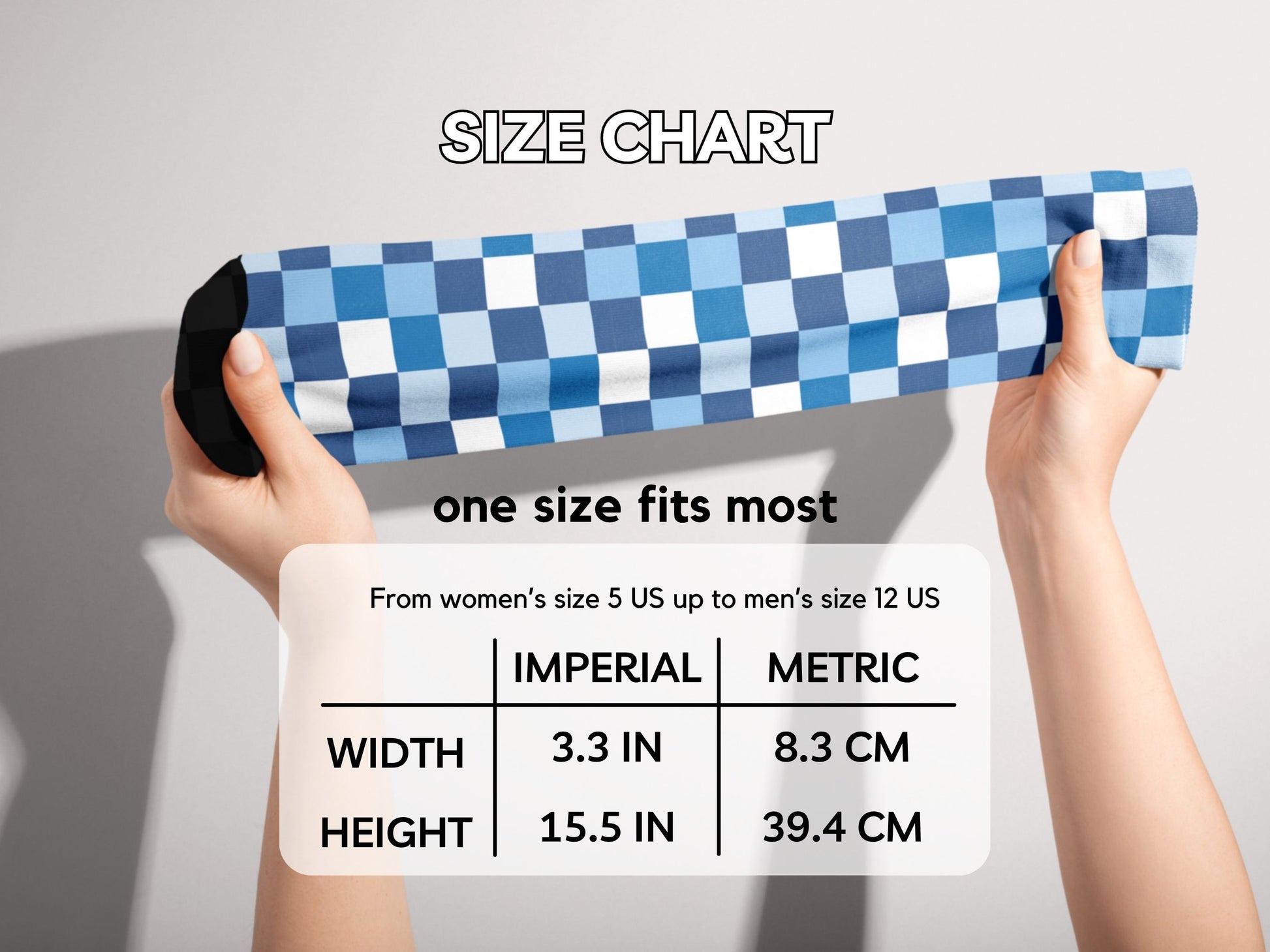 Blue Checkerboard Socks hands stretching socks with size chart overlay