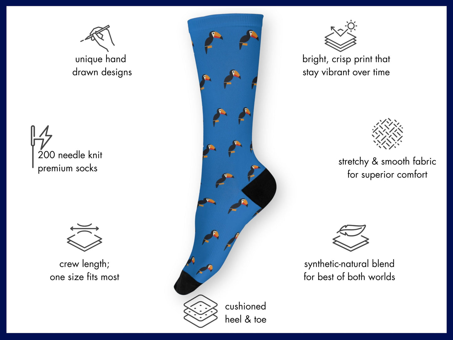 Bright Blue Toucan Bird Socks – Colourful Crew floating mockup with features highlighted