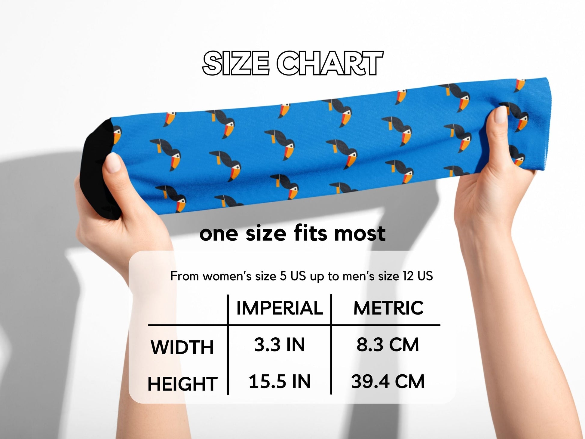 Bright Blue Toucan Bird Socks – Colourful Crew hands stretching socks with size chart overlay