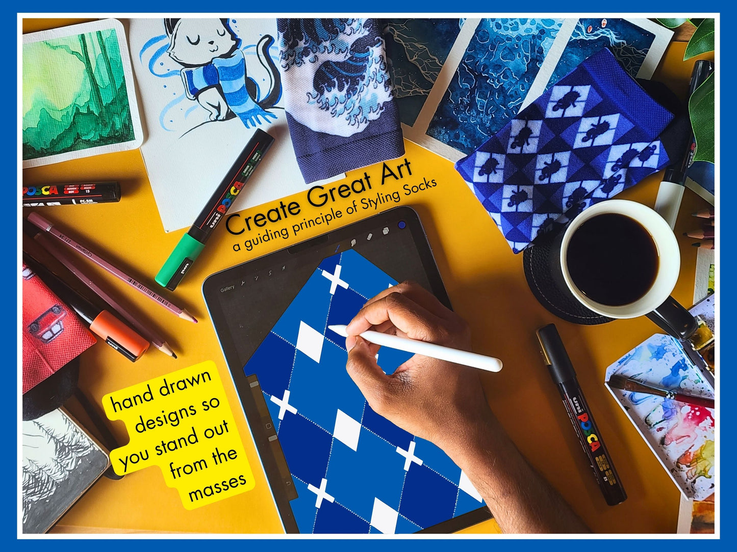 Blue & White Argyle Dress Socks artist hand drawing the sock design on a tablet