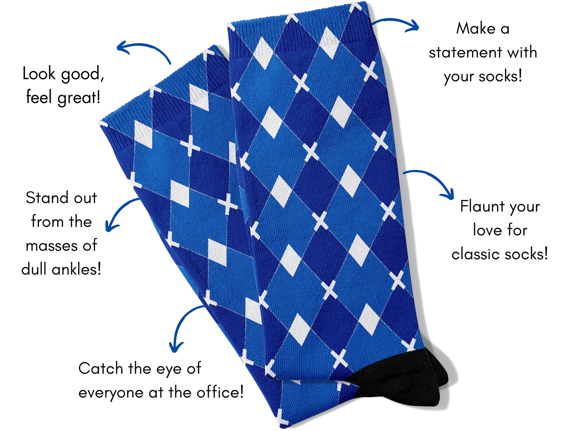 Blue & White Argyle Dress Socks flat lay of socks with benefits highlighted