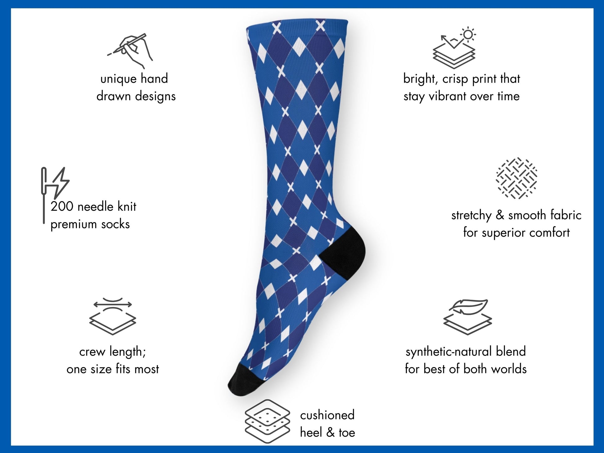 Blue & White Argyle Dress Socks floating mockup with features highlighted