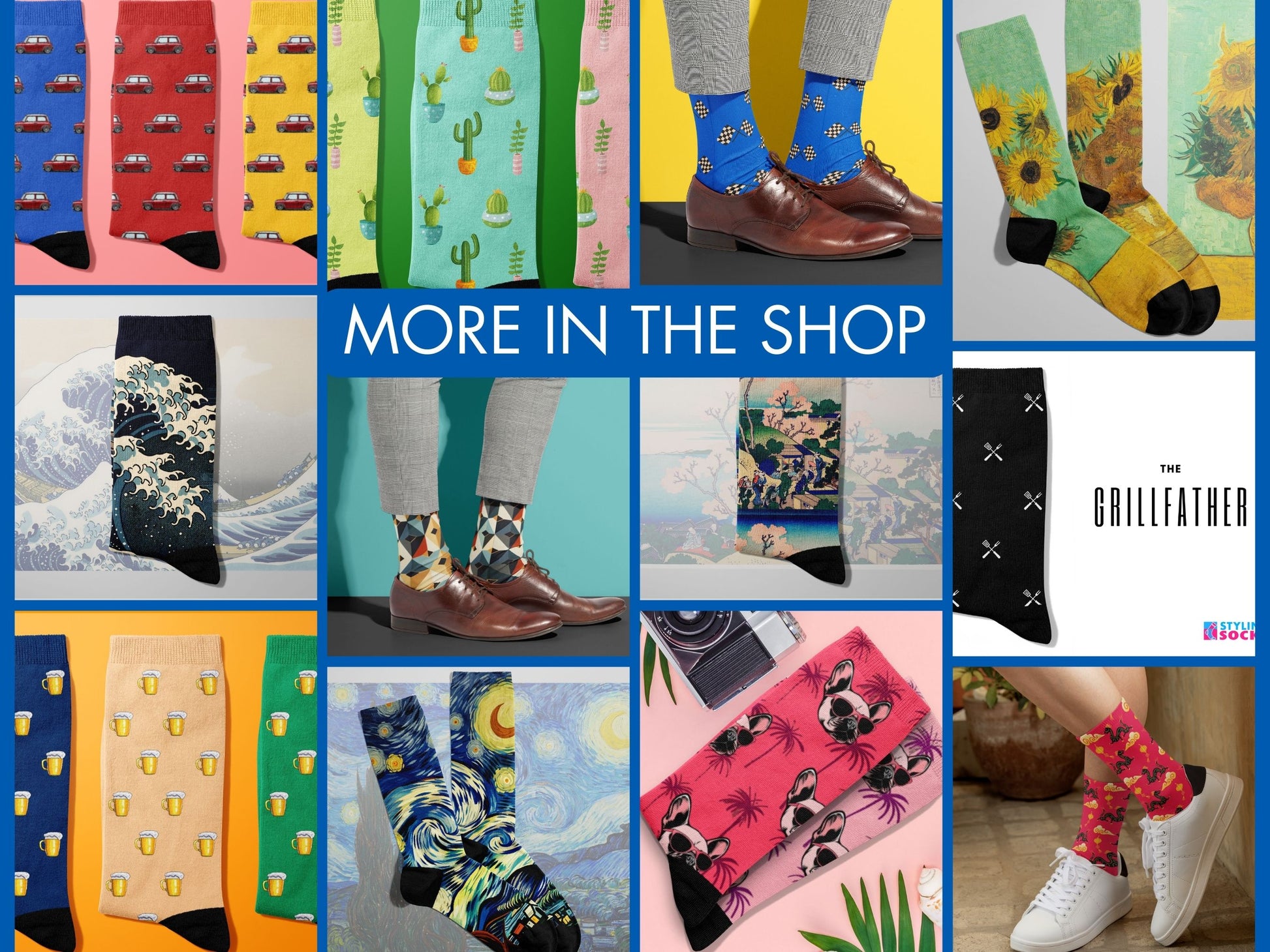 Blue & White Argyle Dress Socks collage of multiple colourful Styling Socks designs