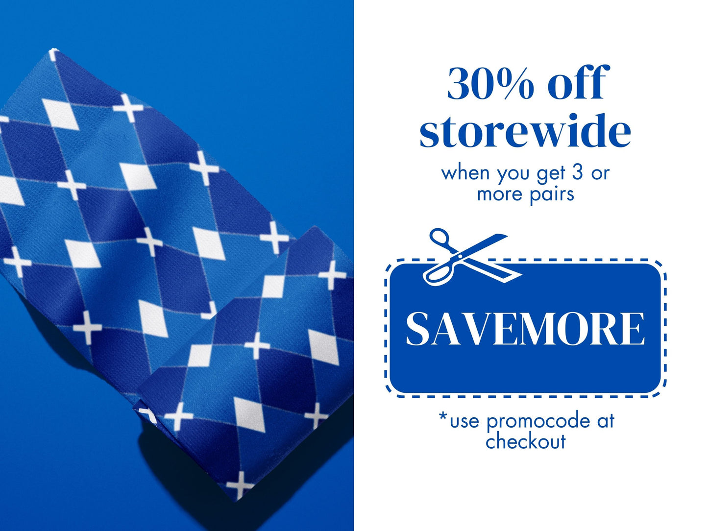 Blue & White Argyle Dress Socks promo code offer with socks as background