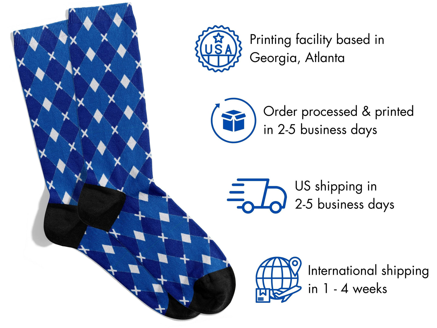 Blue & White Argyle Dress Socks flat lay of socks with shipping details overlay