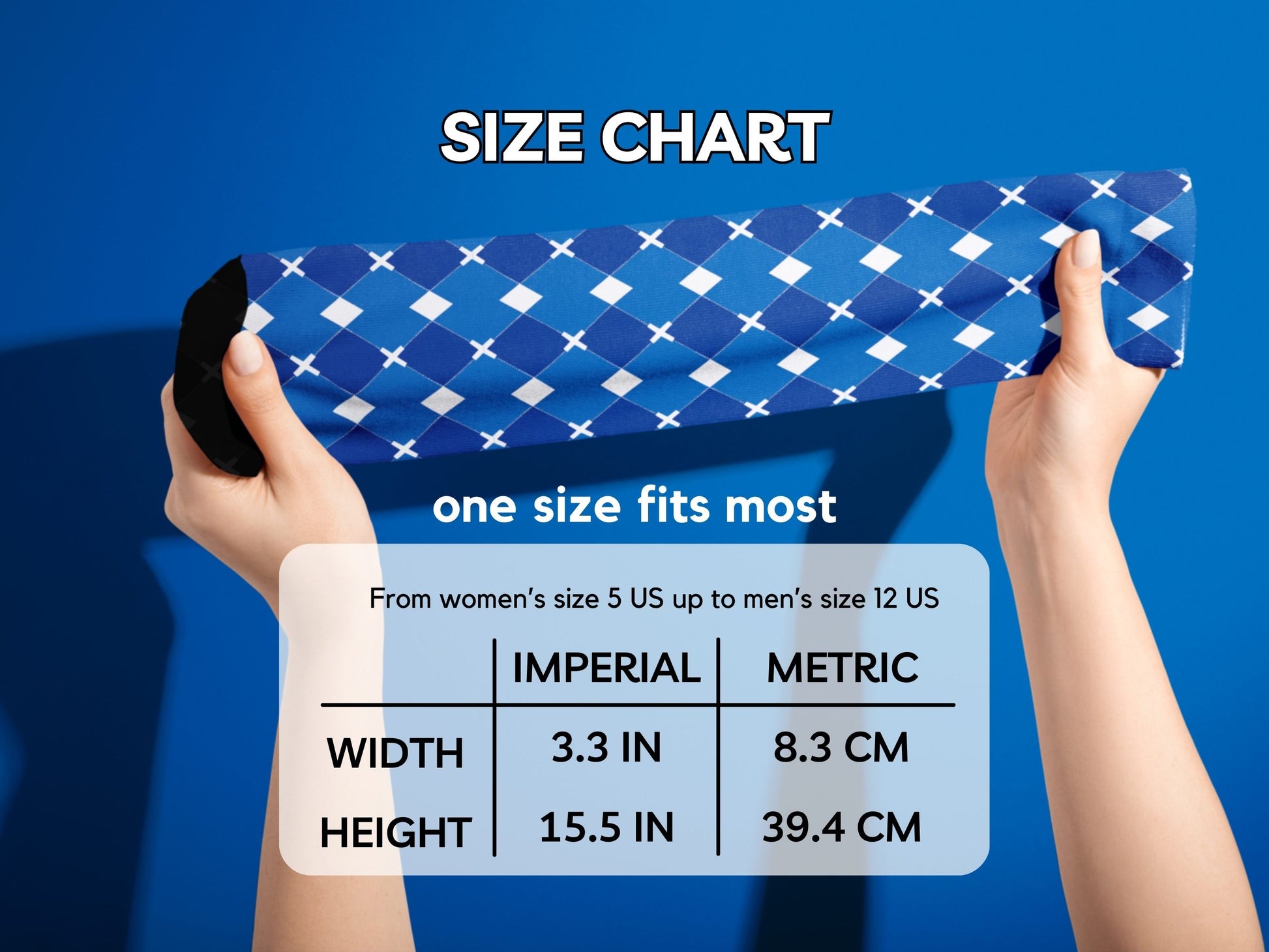 Blue & White Argyle Dress Socks hands stretching socks with size chart overlay
