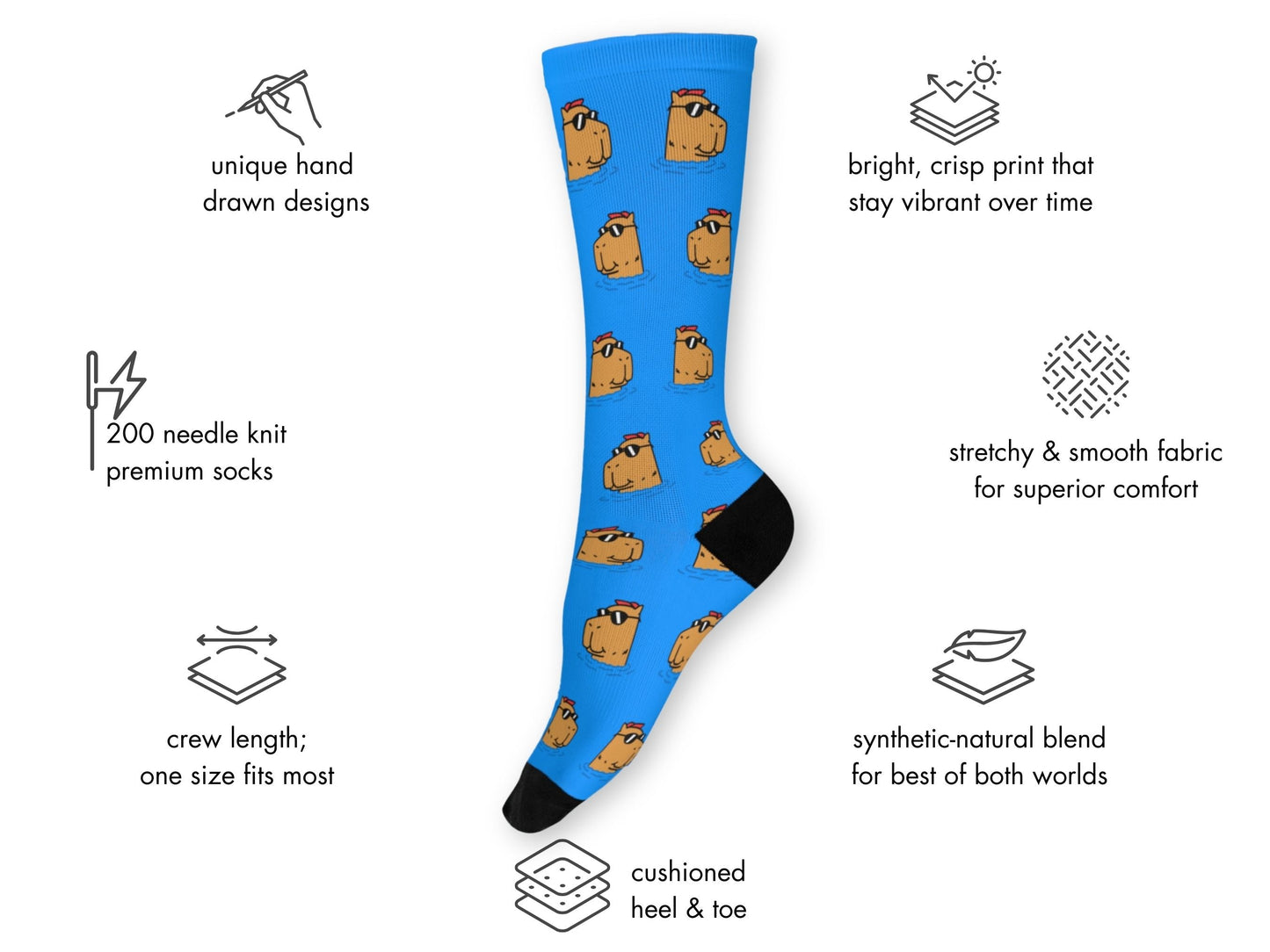 Capybara Socks - Cute Cartoon Animal Socks for Fun Gifts - Floating Mockup with Features Highlighted