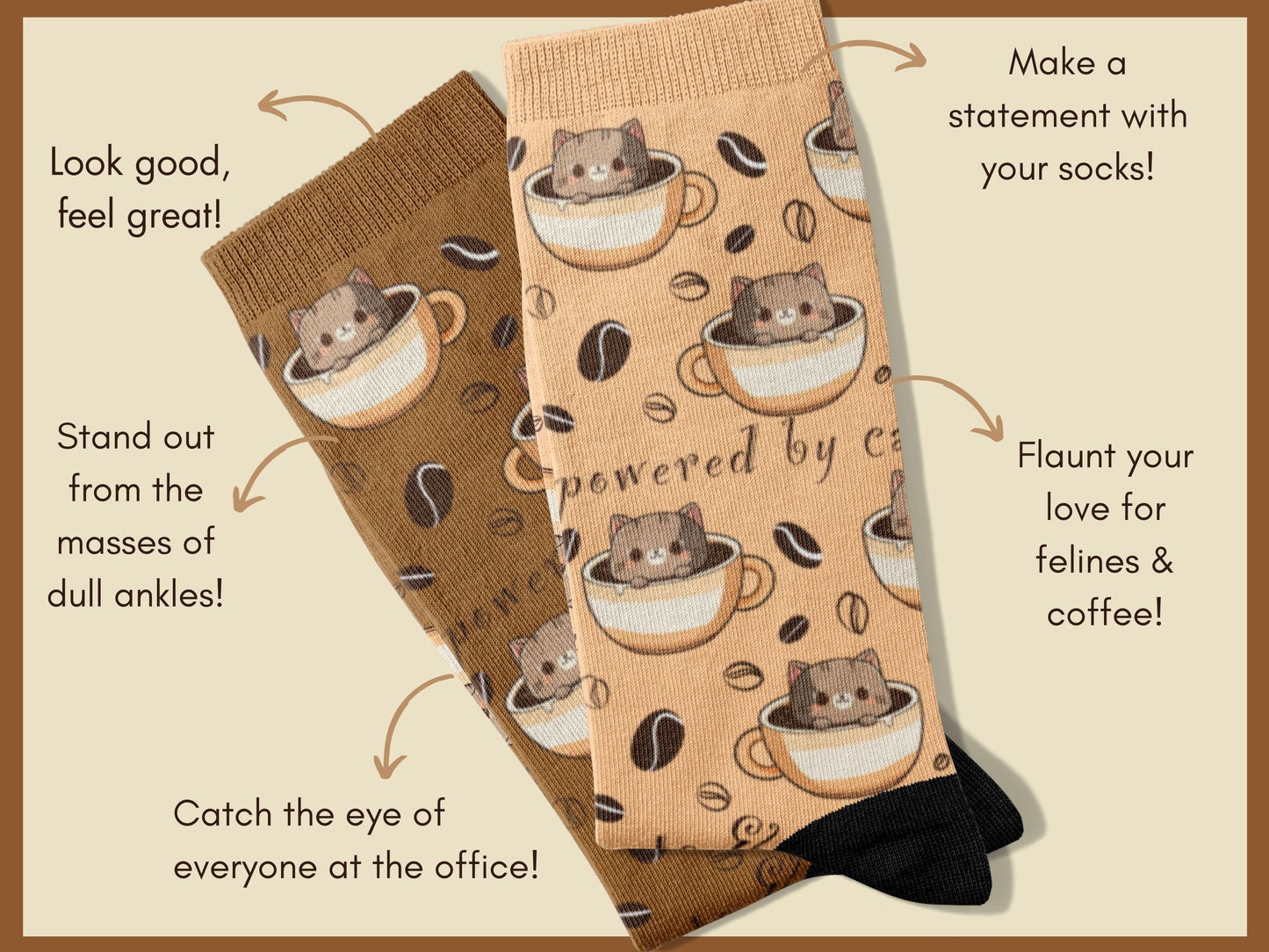 Happy Cat Coffee Socks - Cute Kawaii Cat-Themed Novelty Socks - flatlay-benefits