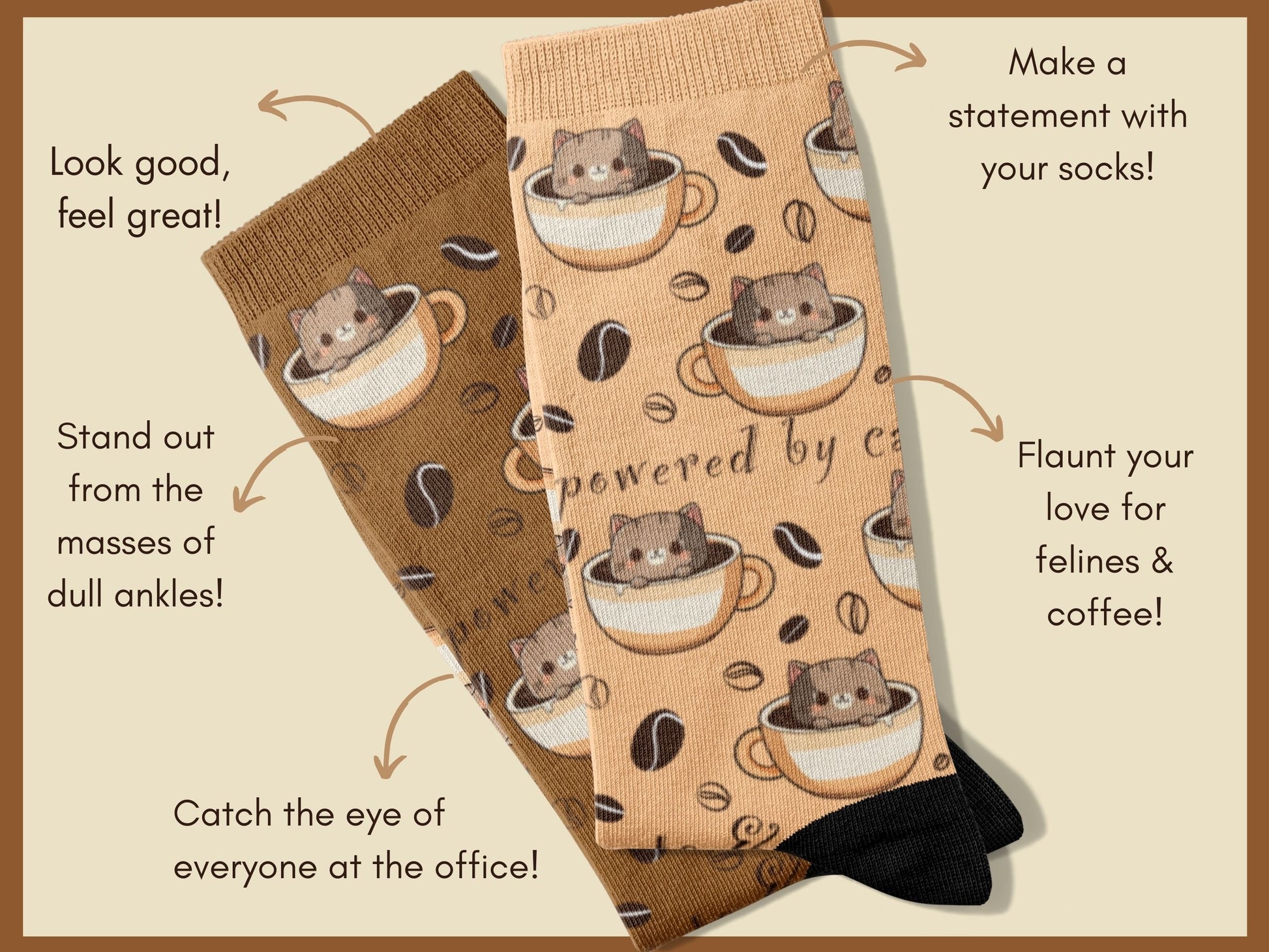 Happy Cat Coffee Socks - Cute Kawaii Cat-Themed Novelty Socks - flatlay-benefits