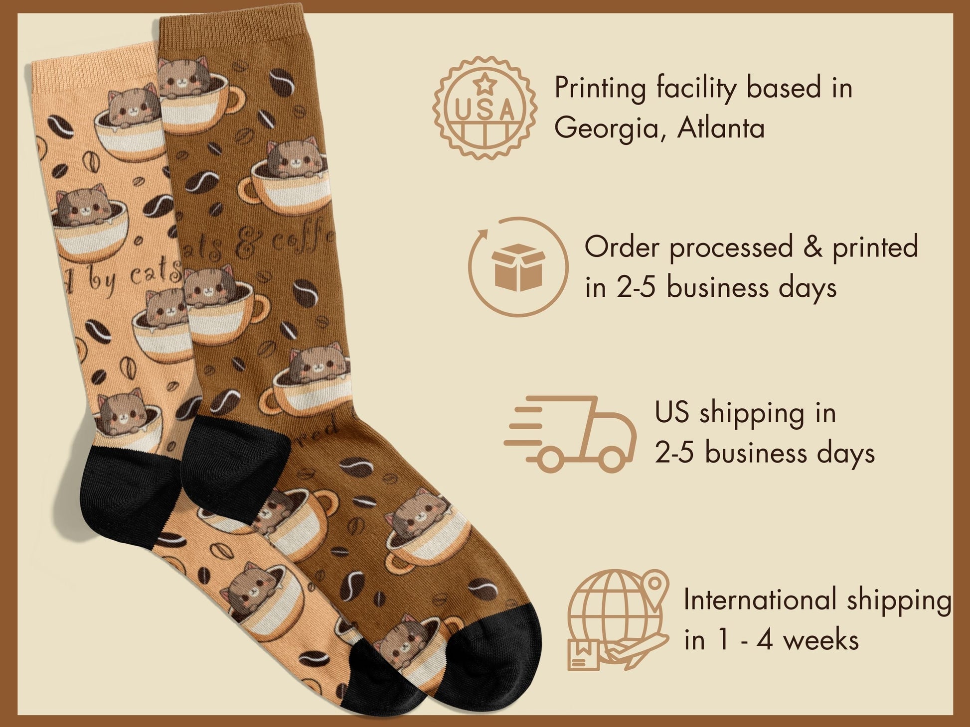 Happy Cat Coffee Socks - Cute Kawaii Cat-Themed Novelty Socks - shipping-info