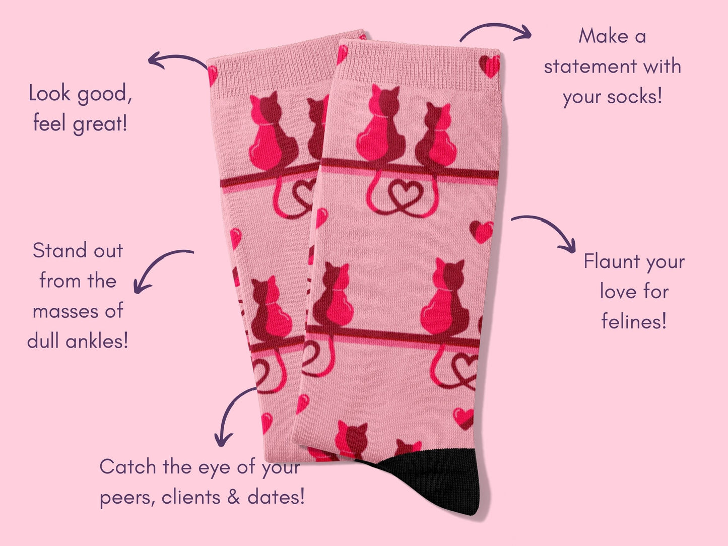 Cat Lovers Pink Heart Socks – Cute Novelty Crew flat lay of socks with benefits highlighted