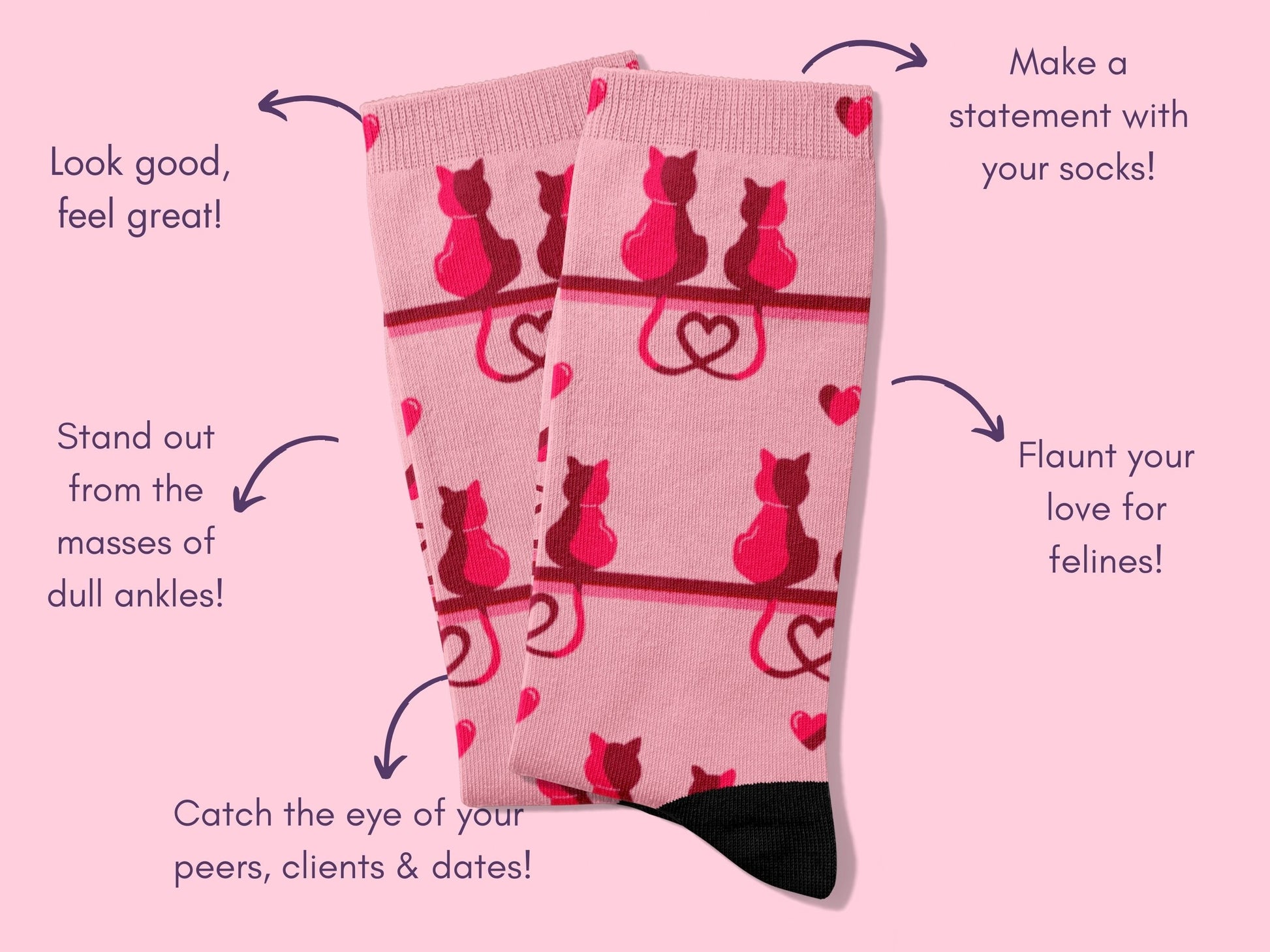 Cat Lovers Pink Heart Socks – Cute Novelty Crew flat lay of socks with benefits highlighted