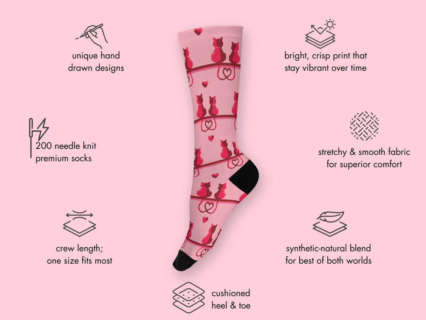 Cat Lovers Pink Heart Socks – Cute Novelty Crew floating mockup with features highlighted
