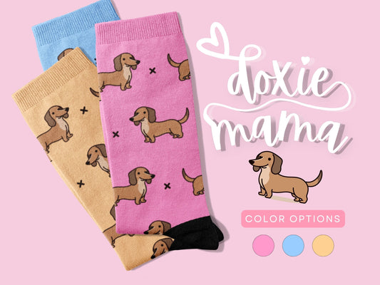 Dachshund Socks - Fun Wiener Dog Socks - with the Text "Doxie Mama"
