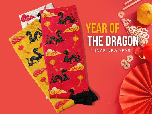 Dragon Zodiac Socks - Lunar New Year Gift - Astrology Inspired Socks - flay lay with Chinese decor