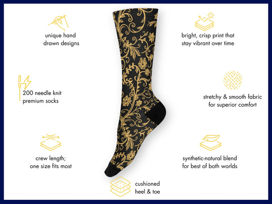 Gold Baroque Socks floating mockup with features highlighted