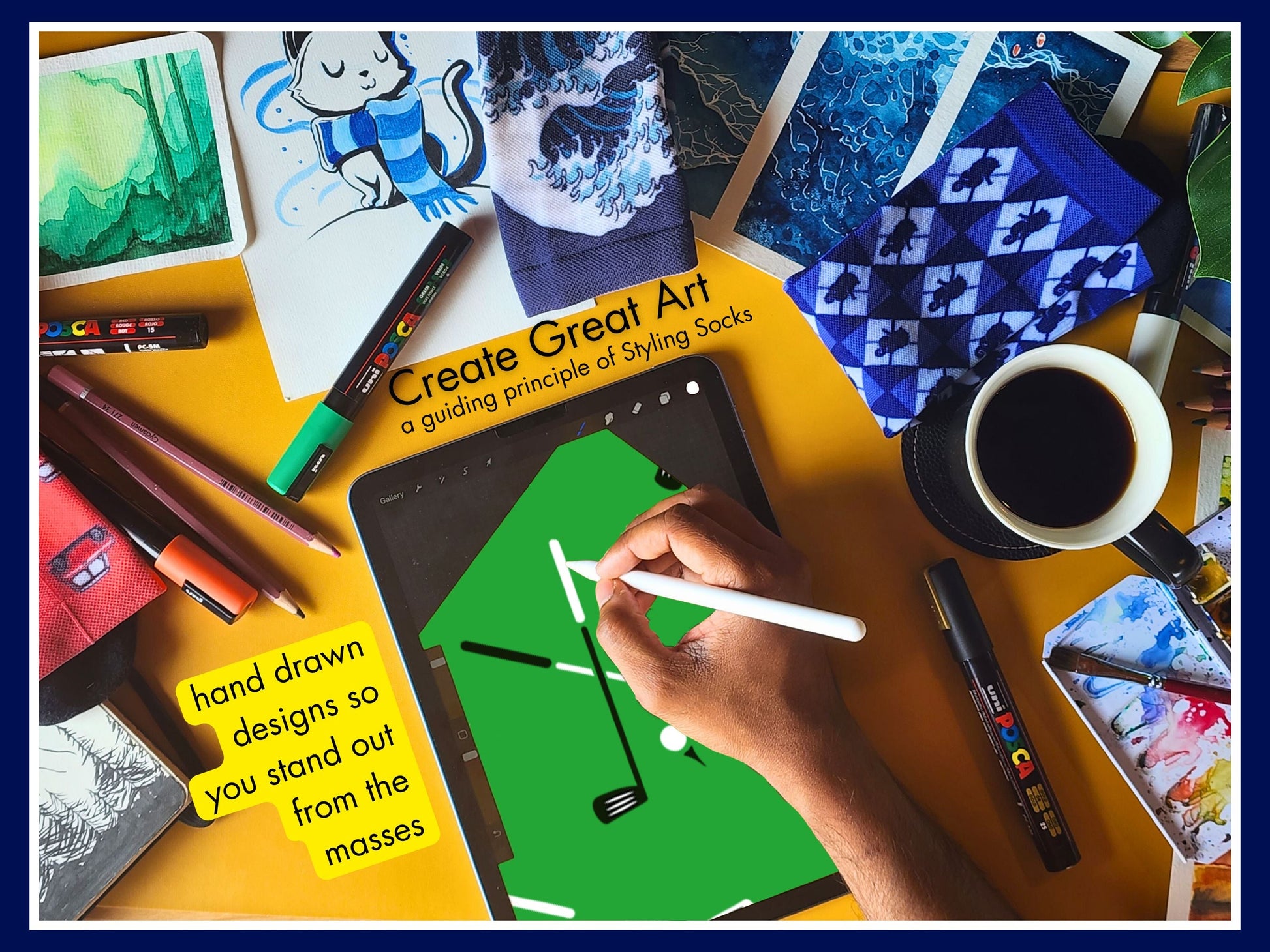 Green Golf Socks – Club & Ball Pattern Crew artist hand drawing the sock design on a tablet