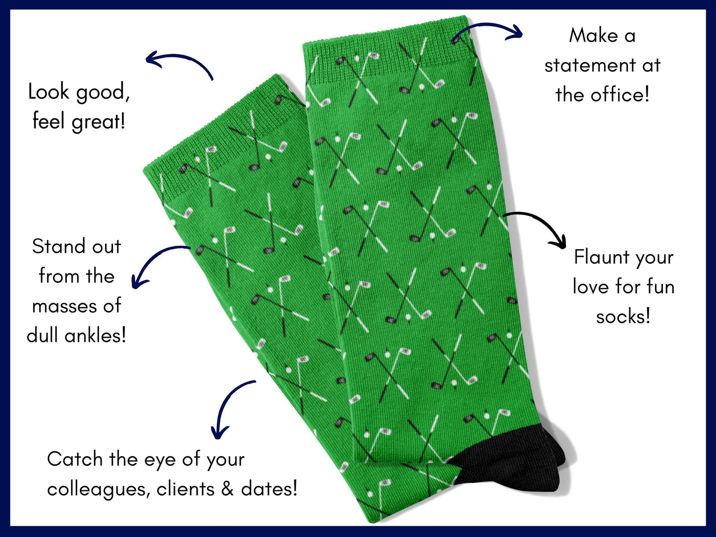 Green Golf Socks – Club & Ball Pattern Crew flat lay of socks with benefits highlighted