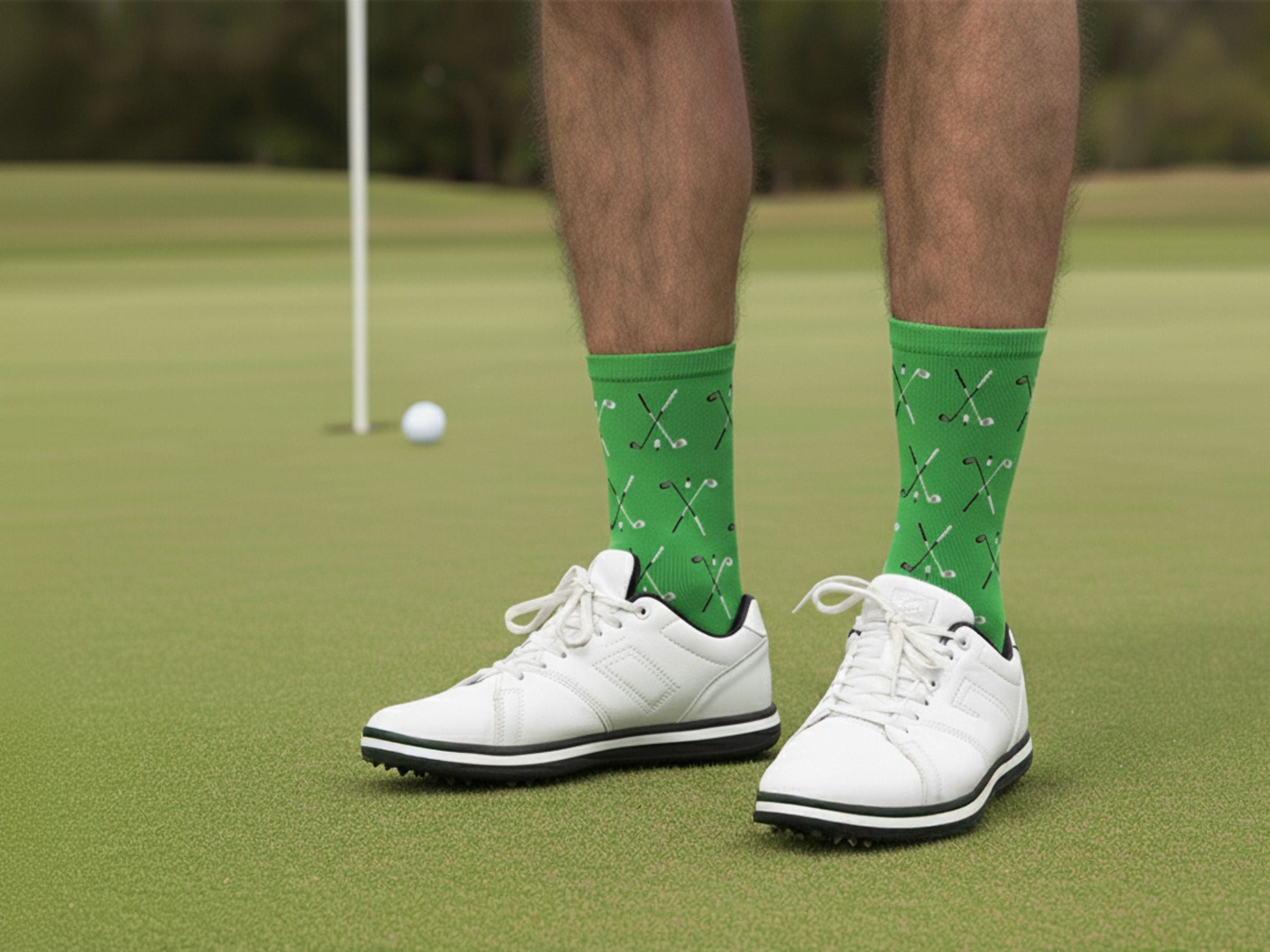 Green Golf Socks – Club & Ball Pattern Crew lifestyle vibe shot in a real-life setting