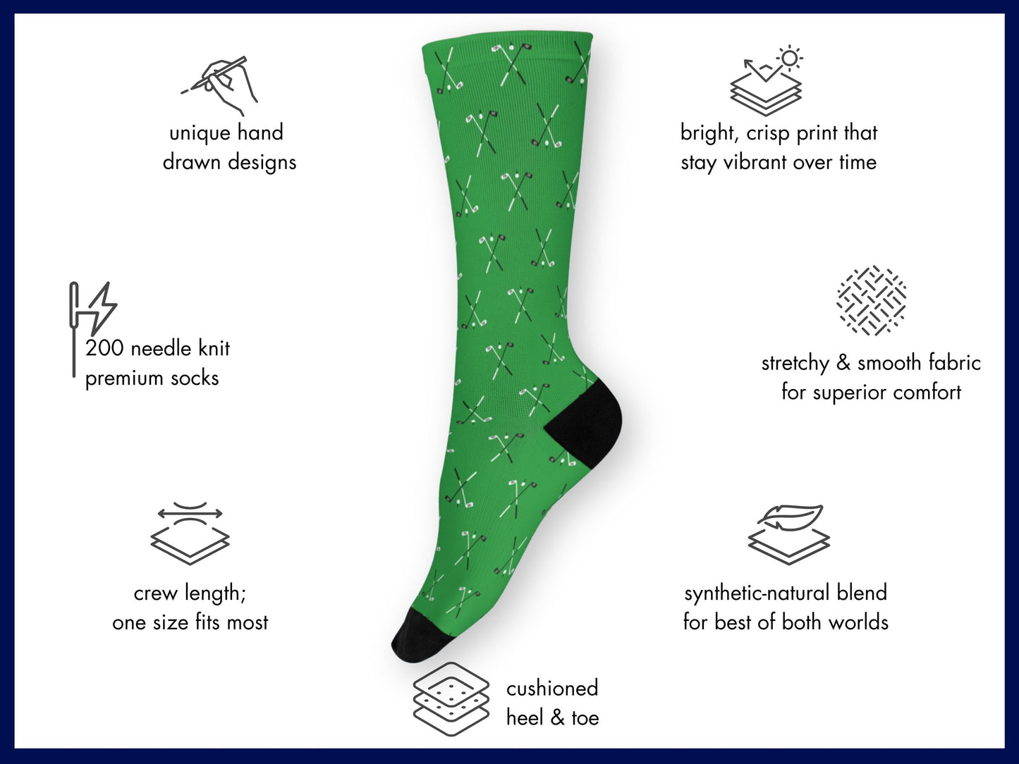 Green Golf Socks – Club & Ball Pattern Crew floating mockup with features highlighted