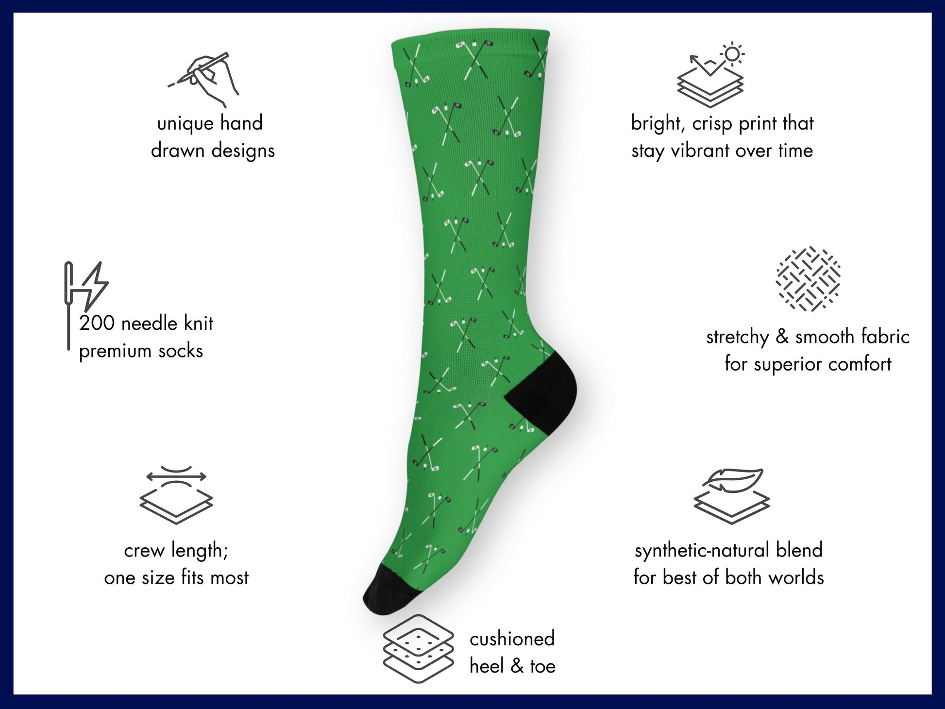 Green Golf Socks – Club & Ball Pattern Crew floating mockup with features highlighted
