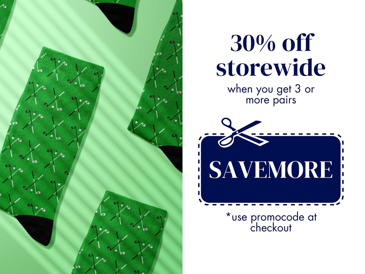 Green Golf Socks – Club & Ball Pattern Crew promo code offer with socks as background