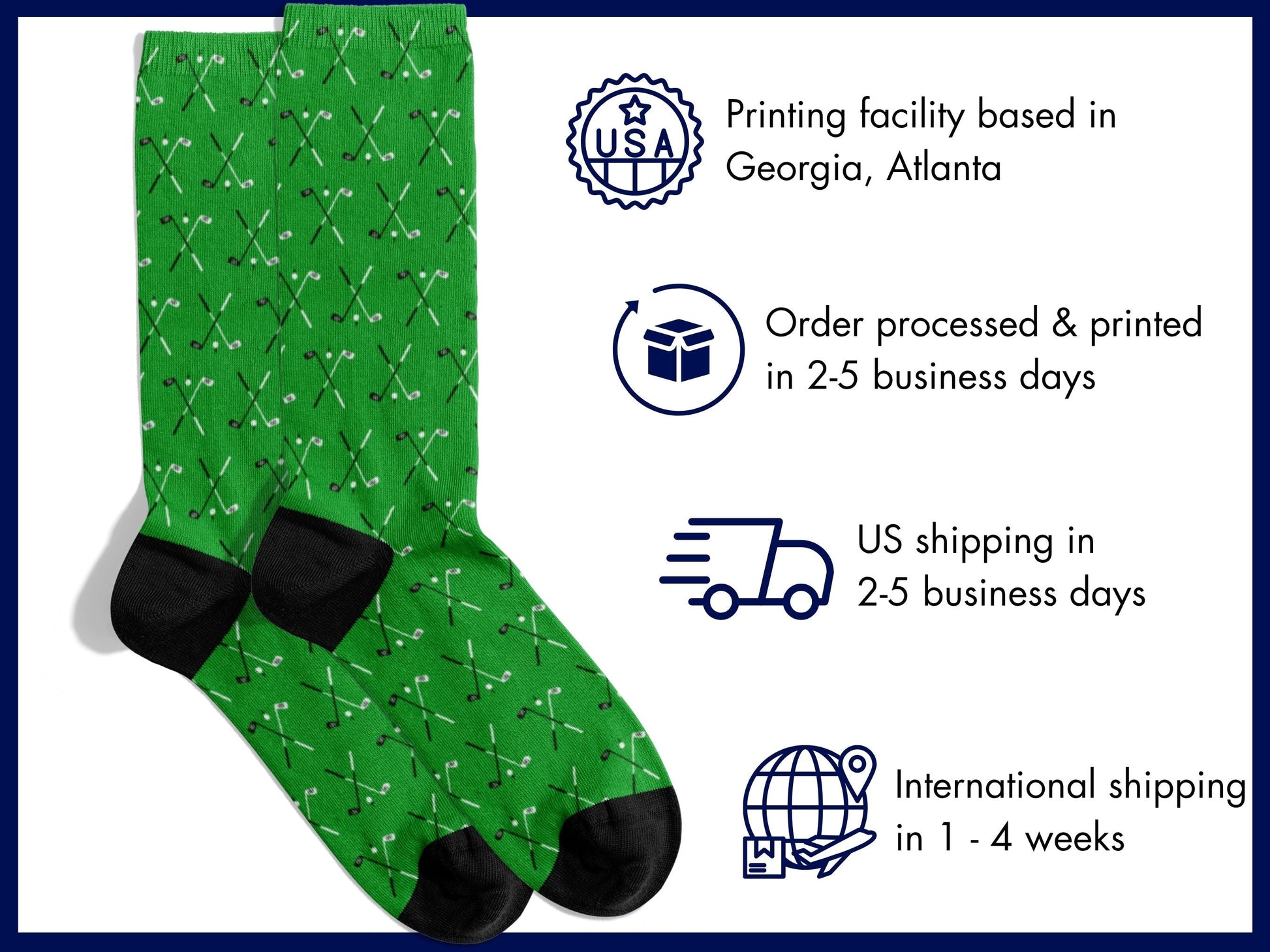 Green Golf Socks – Club & Ball Pattern Crew flat lay of socks with shipping details overlay