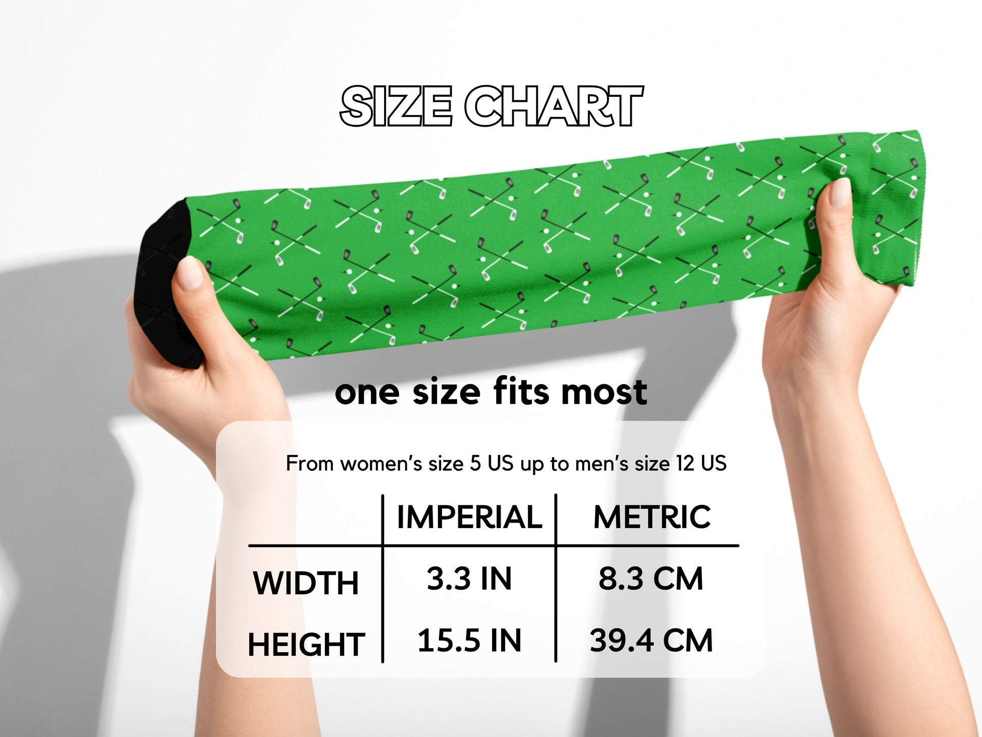 Green Golf Socks – Club & Ball Pattern Crew hands stretching socks with size chart overlay