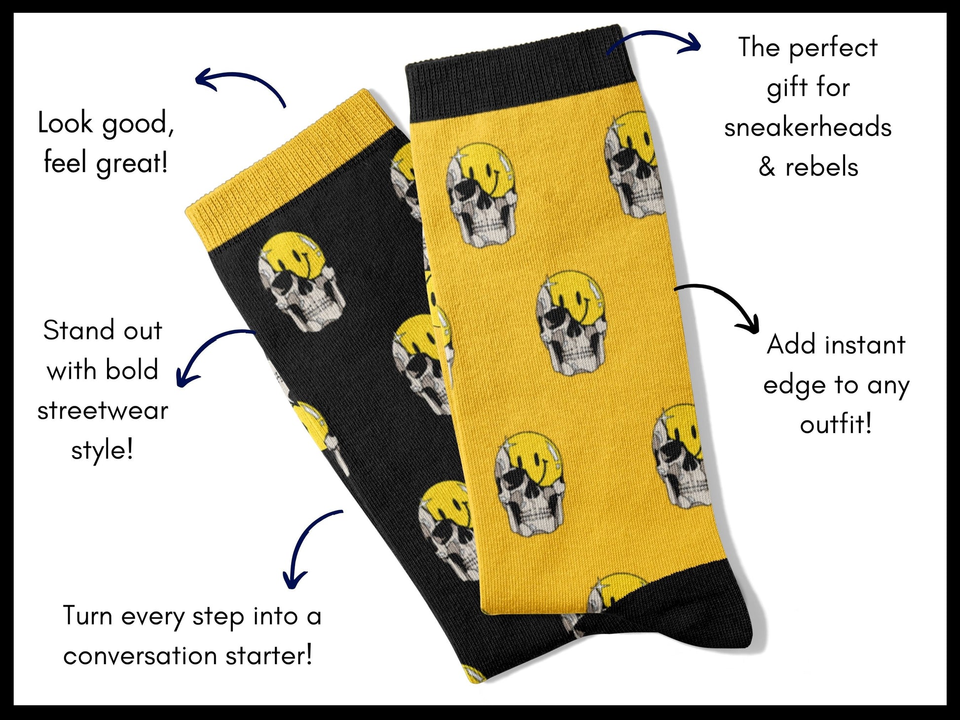 Two pairs of socks with skull patterns on a yellow and black background, with text describing their benefits