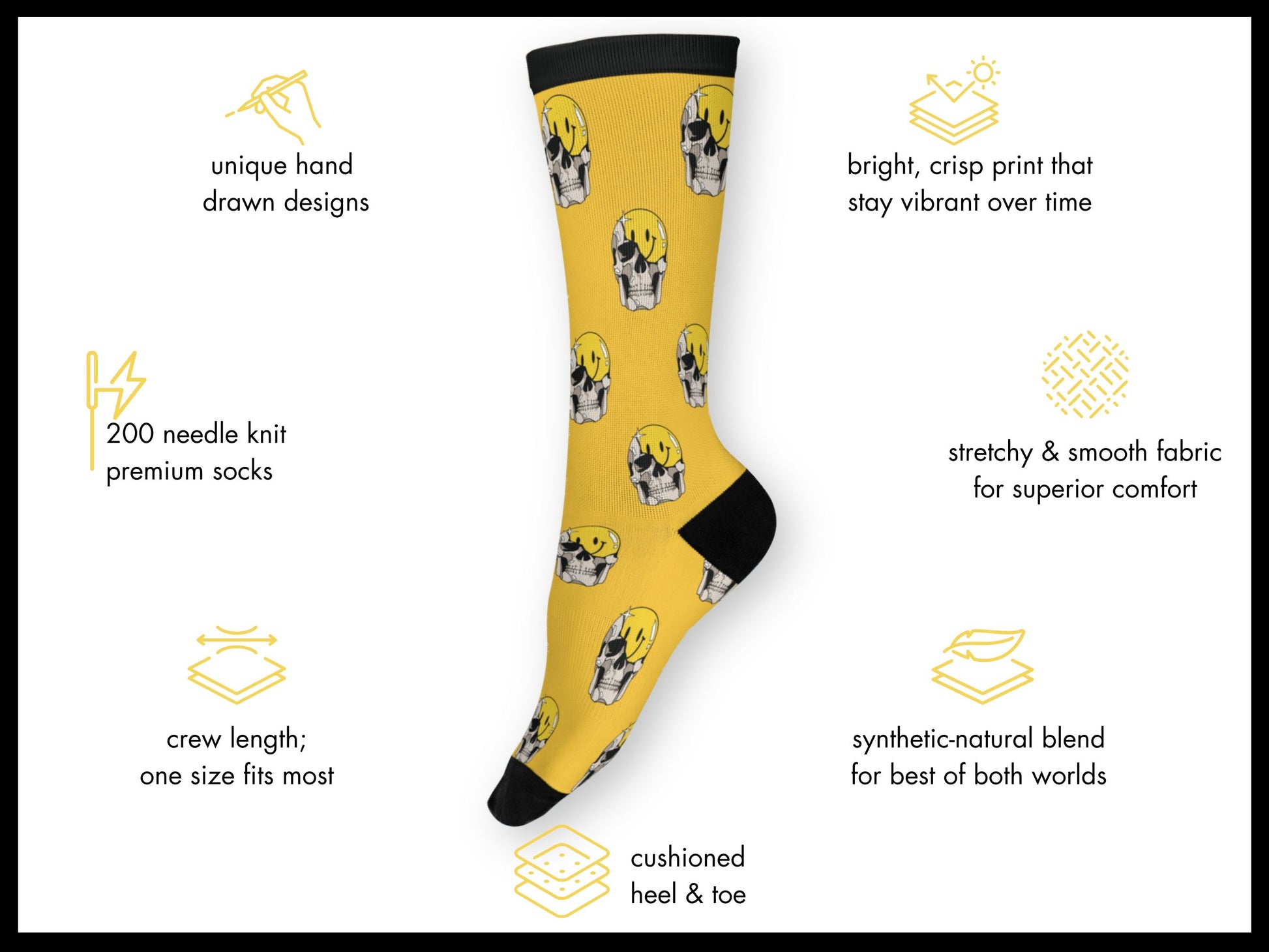 Yellow sock with black accents featuring dog illustrations on a white background with product features listed.