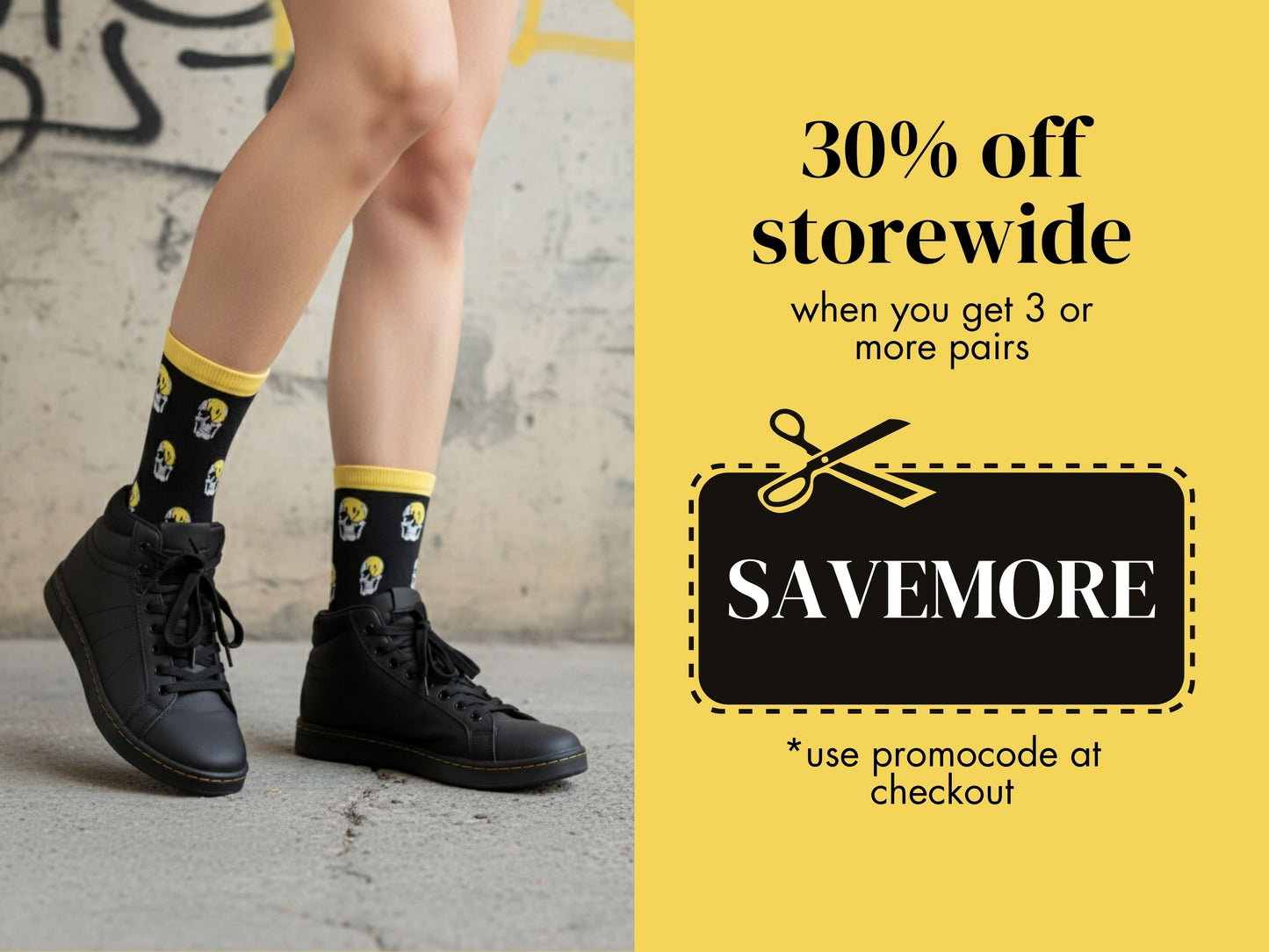 Model wearing Grin & Grim Socks in an urban setting with a promotional offer on a yellow background