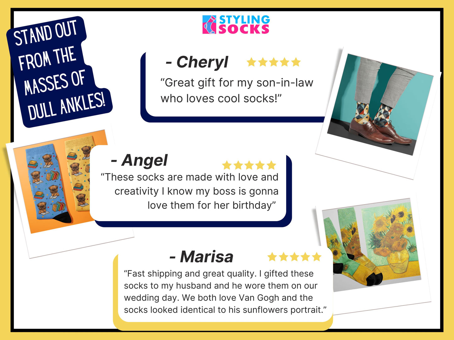 Customer reviews and testimonials for Styling Socks with product images