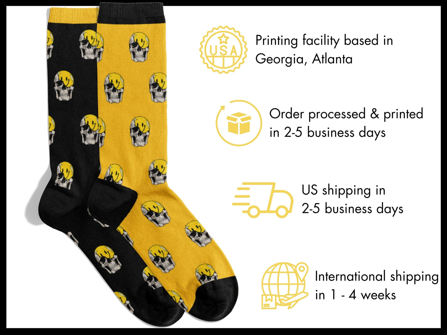 Grin & Grim Skull Pattern Socks with Shipping Information overlayed