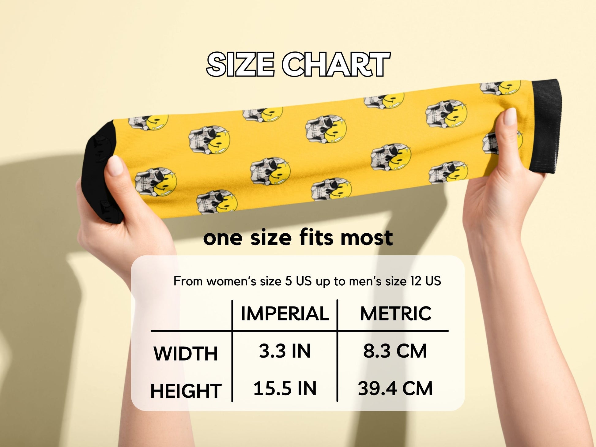 Grin & Grim Socks - hands stretching the socks with size chart overlay on a beige background